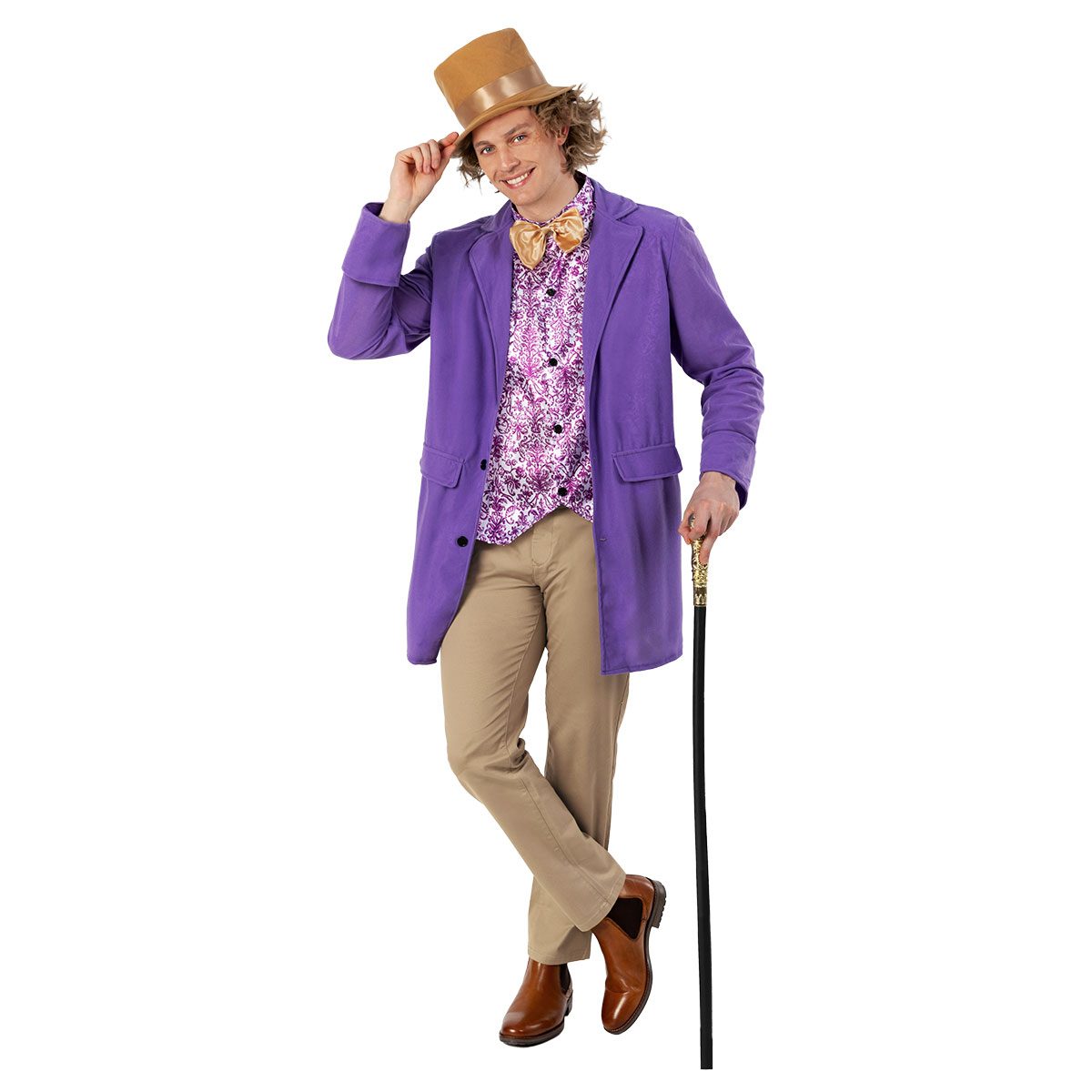 Mens Chocolate Factory Owner Costume: purple jacket with a built-in patterned shirt front, a peach-coloured neck tie and a brown top hat