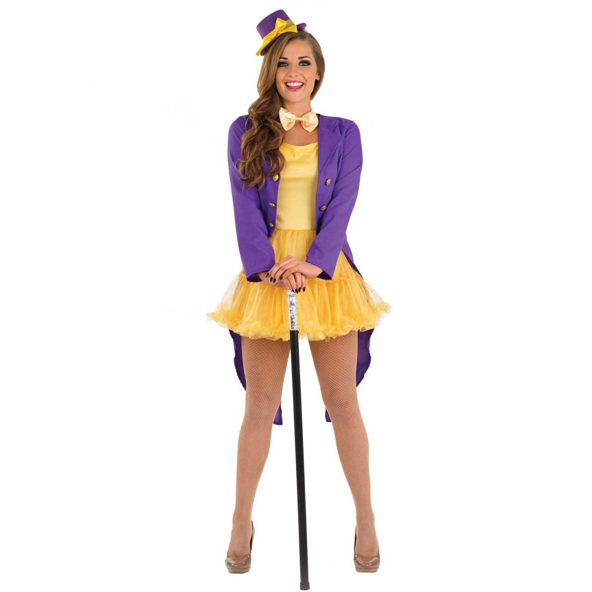 Womens Chocolate Factory Owner Costume: yellow tutu-style dress under a purple tailed jacket, with a black bowtie and a black mini top hat