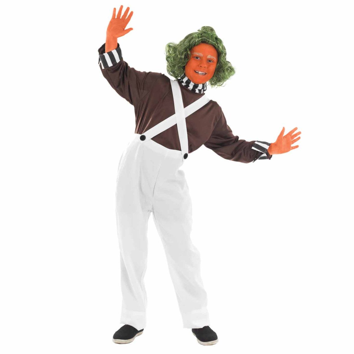 Kids Chocolate Factory Worker Costume, boy's cut: brown long-sleeve top with striped cuffs and white dungarees