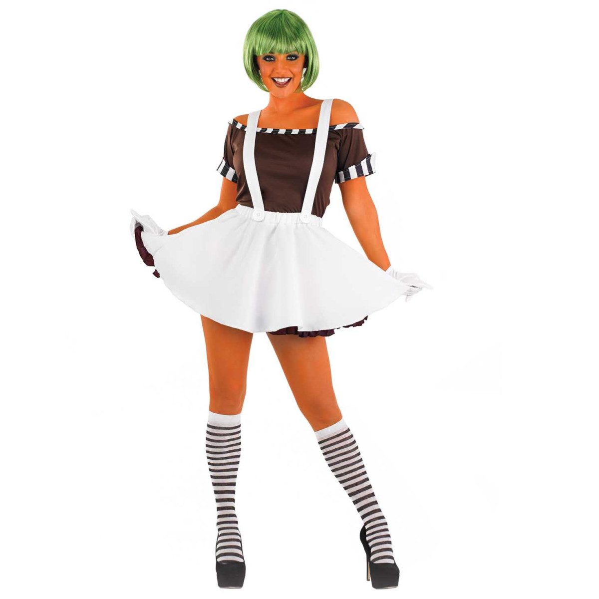 Womens Chocolate Factory Worker Costume: brown stripe-edged t-shirt, white skirt with attached shoulder braces, long striped socks, white gloves and a green bob-style wig