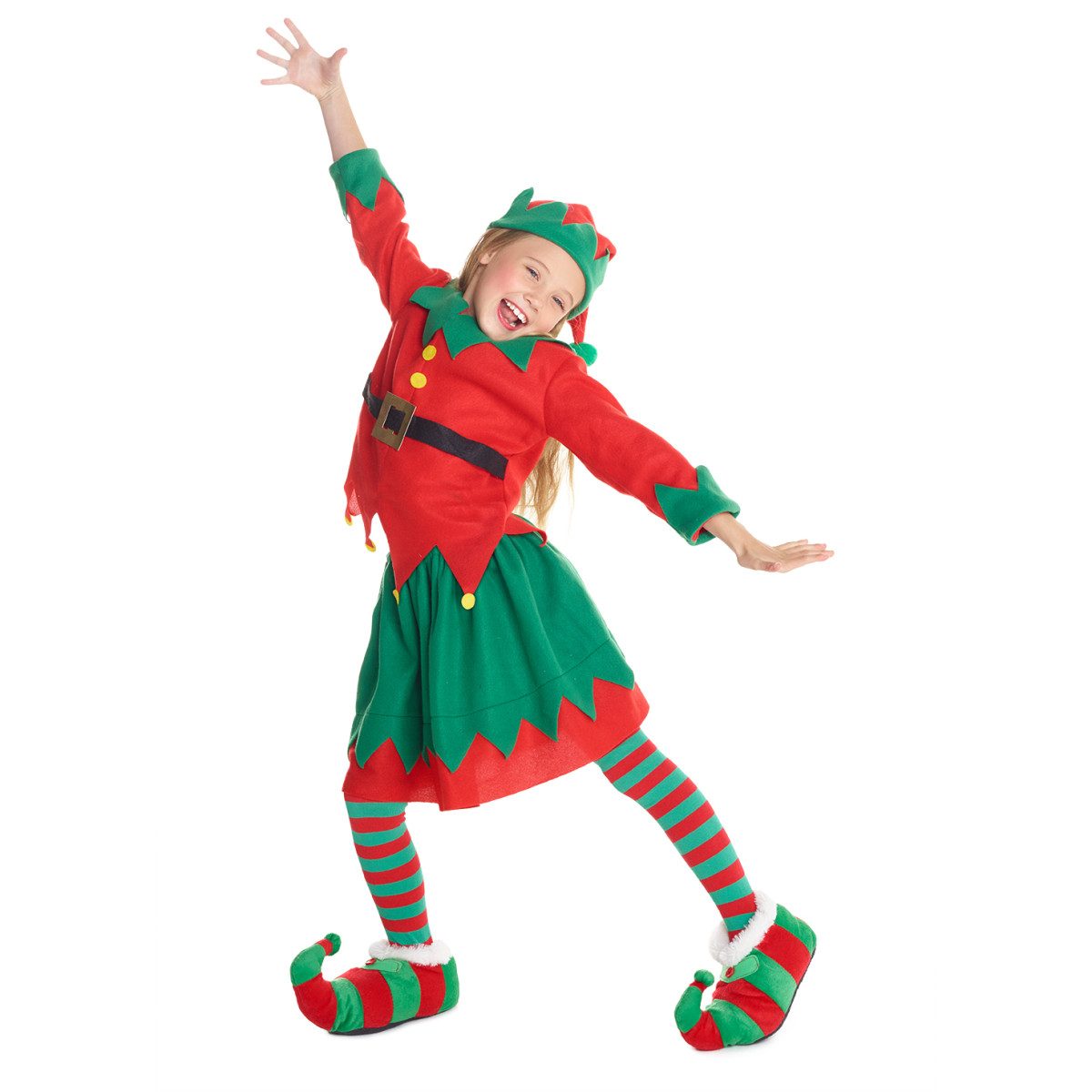 Girls Christmas Elf Costume: girl in a red long-sleeve elf top with a green collar and printed belt, a green skirt with a red zigzag hem, and a red and green elf hat, shown with striped tights and curled elf shoes