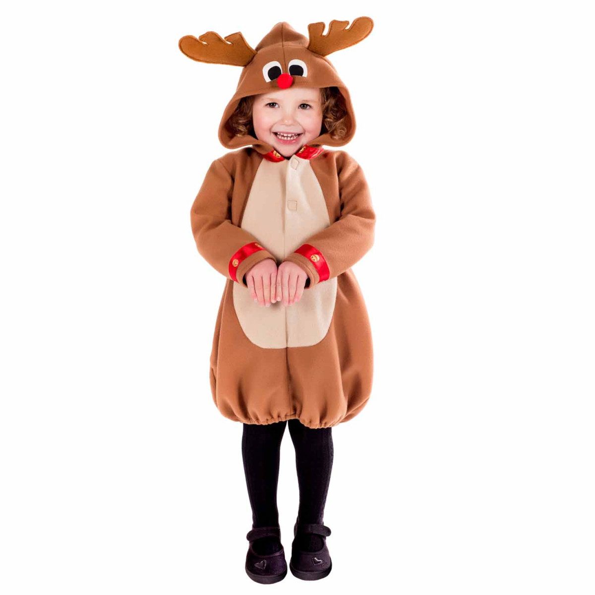 Kids Reindeer Costume: toddler in a brown fleece hooded all-in-one with a cream tummy panel, soft brown antlers and a red pom pom nose on the hood, red cuffs, and a gathered hem, worn over black tights