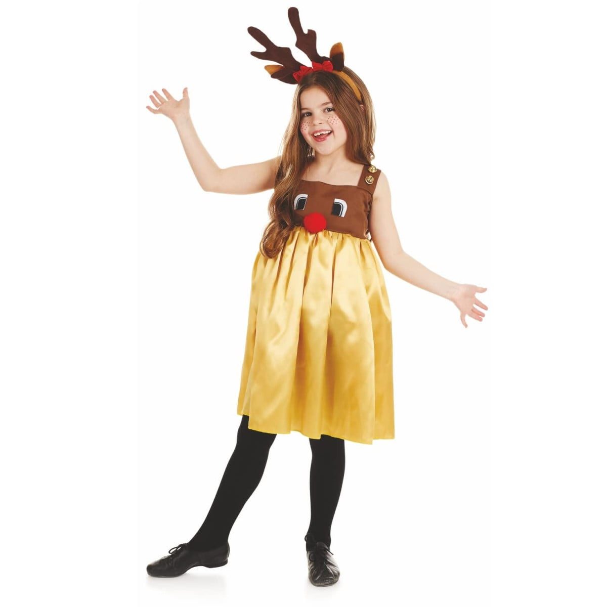 Kids Reindeer Rudolph Dress Costume: girl in a pinafore-style dress with a brown reindeer-face bodice and red pom pom nose, a gold satin skirt, and a brown antler headband with a red bow, worn over black tights
