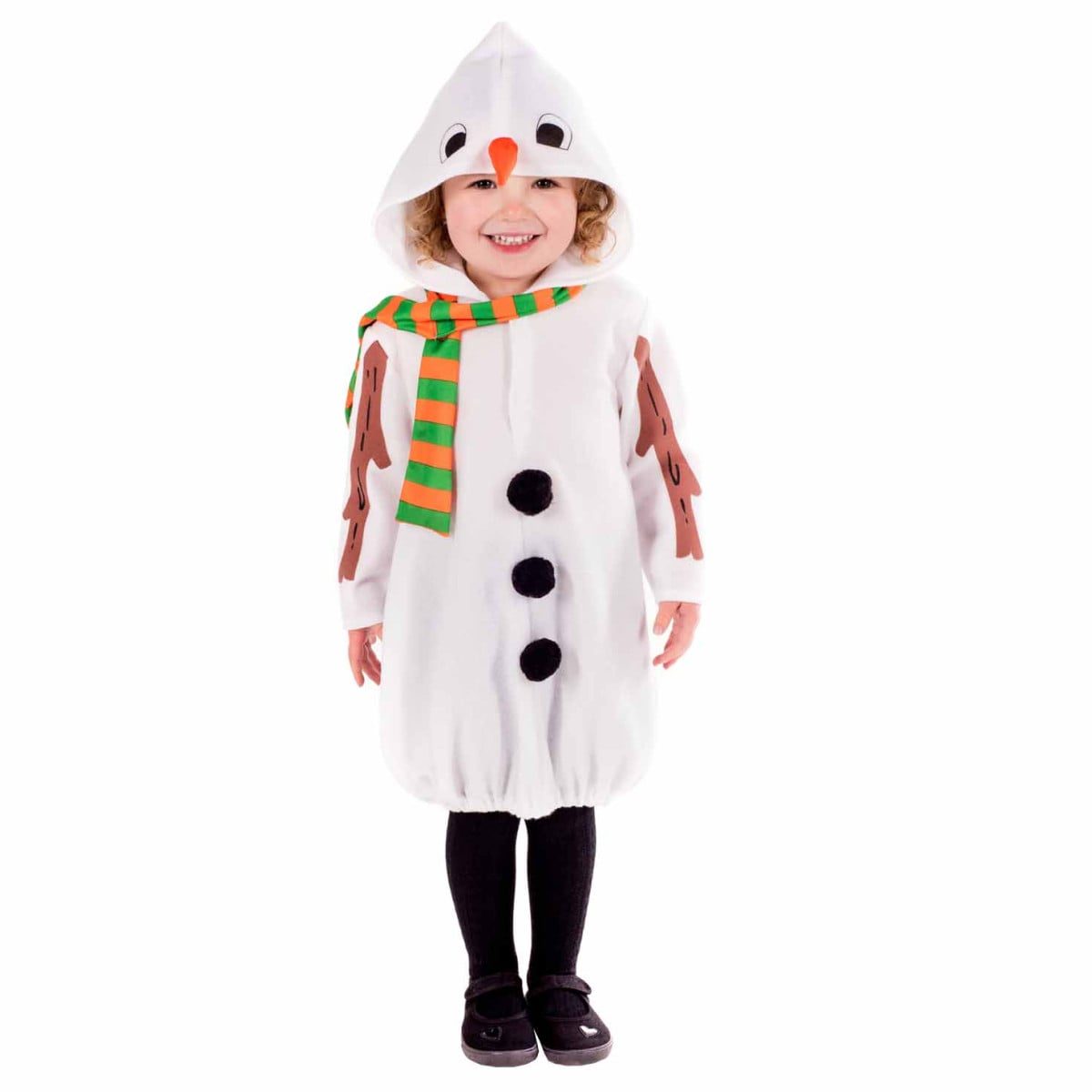 Kids Snowman Costume: toddler in a white fleece hooded tunic with a snowman face and orange carrot nose on the hood, three black pom pom buttons, brown stick-arm shapes on the sleeves, and an orange and green striped scarf, worn over black tights