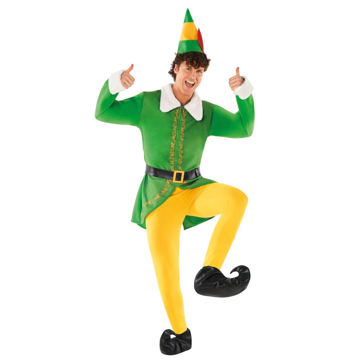 Mens Christmas Elf Costume: bright green hip-length jacket with a white collar and cuffs and a gold leaf print down the front, yellow leggings, a green and yellow banded cone hat with a red feather, and black curled-toe foot covers