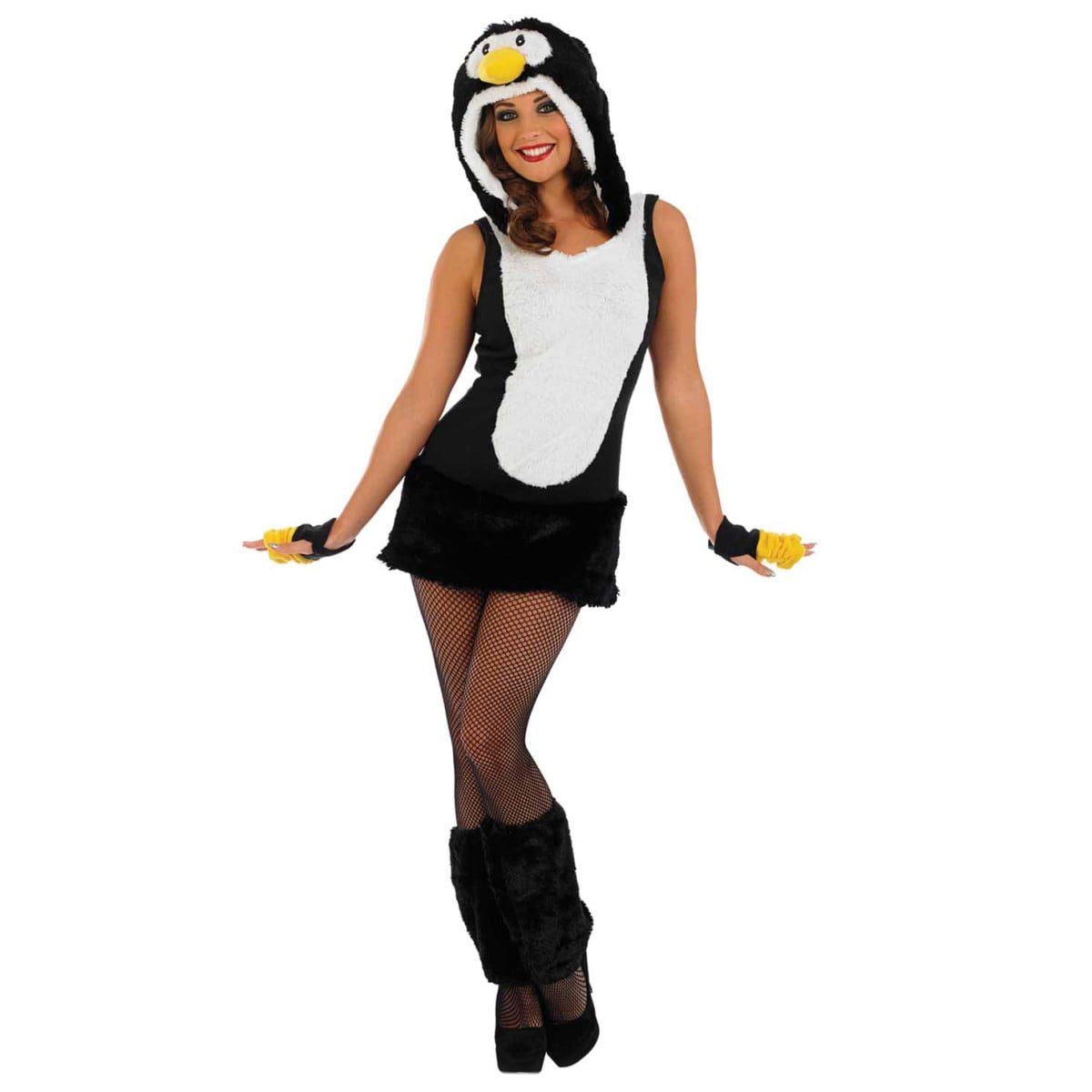 Womens Penguin Costume: sleeveless black mini dress with a white plush belly panel, an attached hood with a white face and yellow padded beak, black fingerless gloves with yellow cuffs, and black faux-fur boot covers