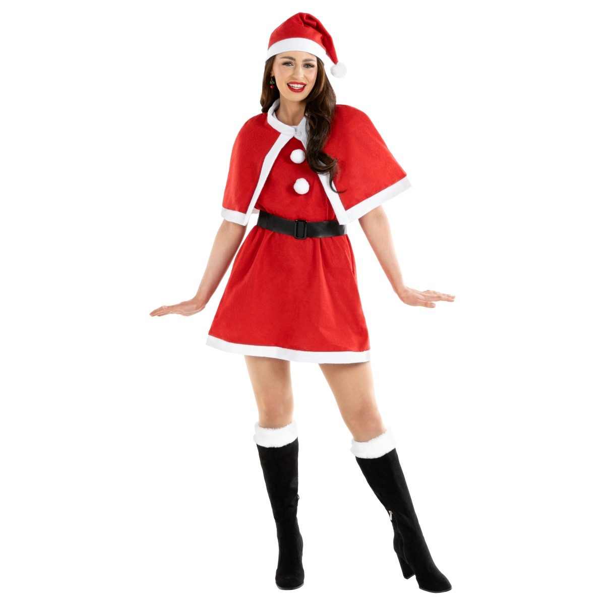 Womens Santa with Shawl Costume: red short-sleeved A-line dress with white bands at the hem and sleeves and two white pom-poms on the chest, a short red cape with white edging, a black belt, and a red Santa hat