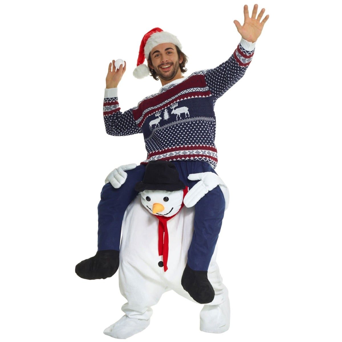 Snowman Piggyback Costume: a white snowman with a black hat, carrot nose, and red scarf appears to carry the wearer, whose mock legs in navy trousers sit over the snowman's shoulders; the model adds his own Santa hat and Christmas jumper