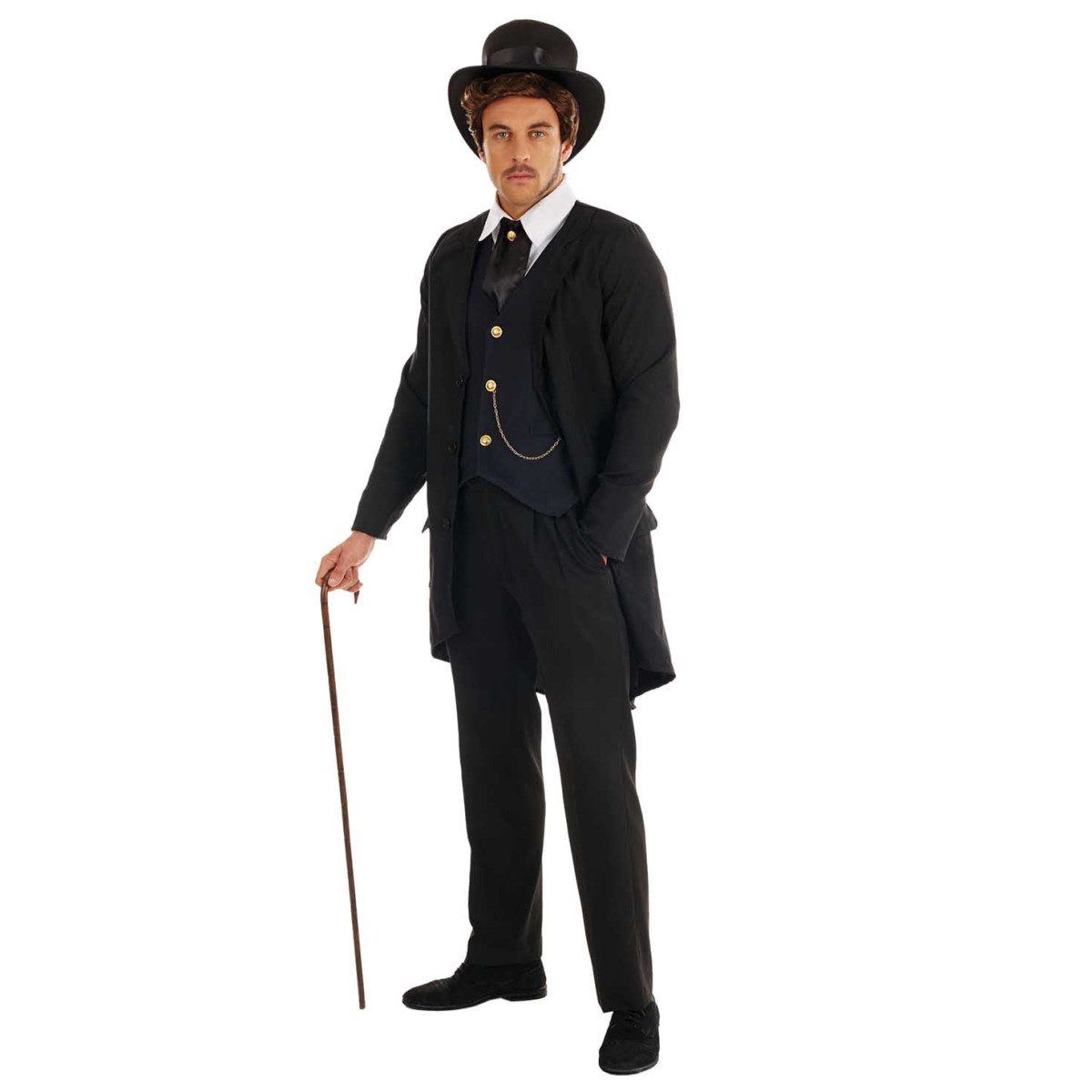 Mens Victorian Suit Costume: black tailcoat worn open over a white shirt with an attached black waistcoat and gold buttons, a black cravat, and a black top hat; the trousers, shoes, and cane are the model's own