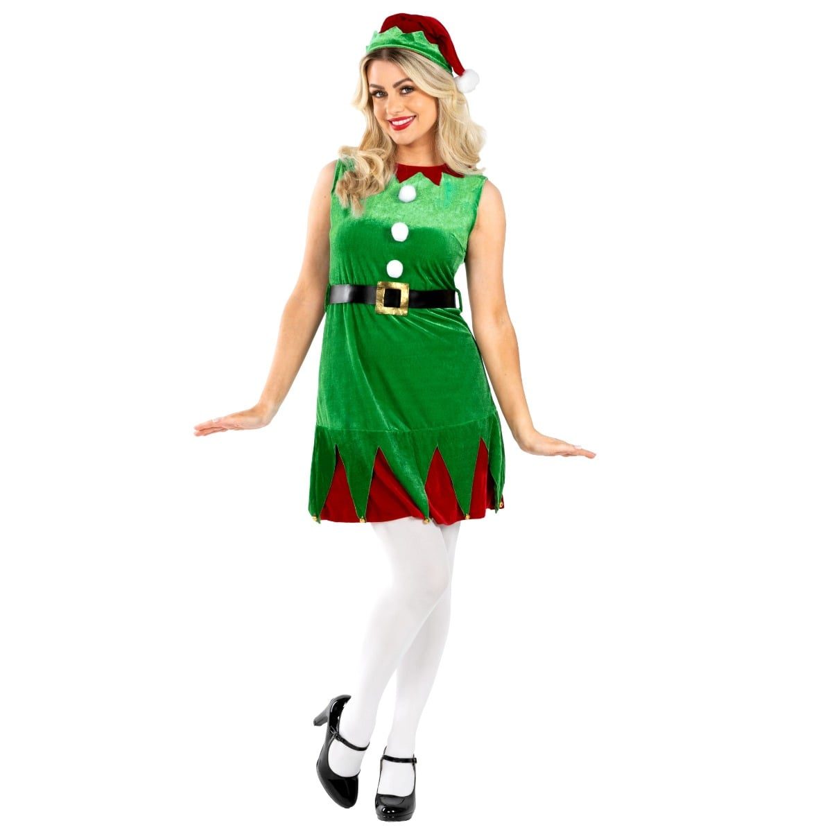 Womens Classic Elf Costume: sleeveless green velvet-look mini dress with a red pointed collar, three white pom-poms down the bodice, a black belt with a gold buckle, and a jagged zigzag hem with small gold bells, worn with a matching green and red elf hat
