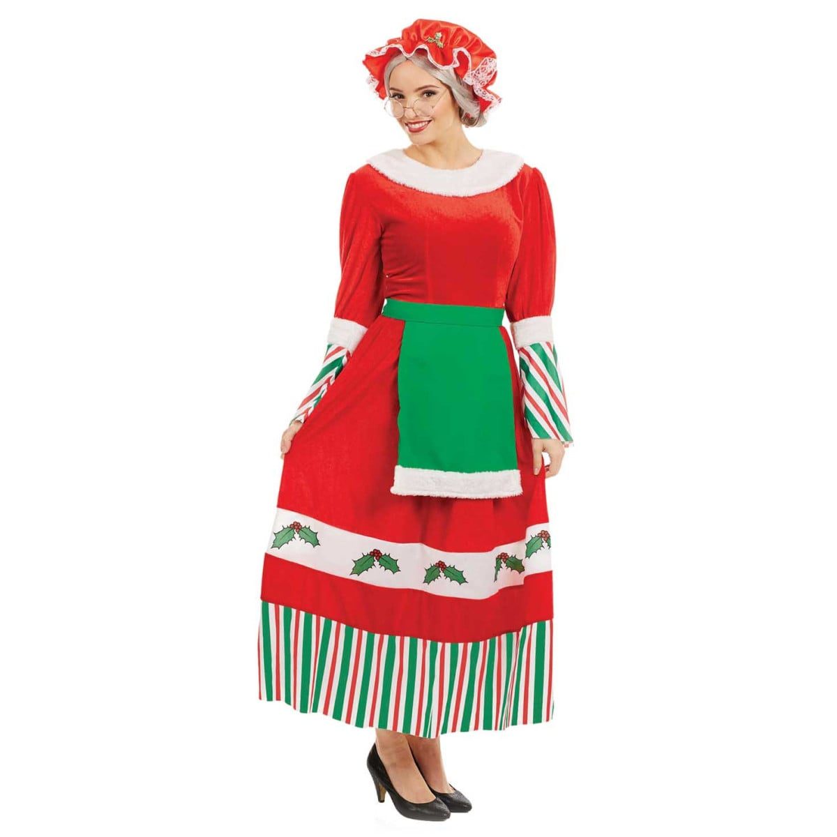 Womens Mrs Claus Costume: red velvet-look full-length dress with a white fur-trimmed collar and cuffs, a green apron with a black buckled belt, a candy-cane striped hem border above a holly-print band, and a red mob cap with white lace trim, worn with round glasses and grey wig strands