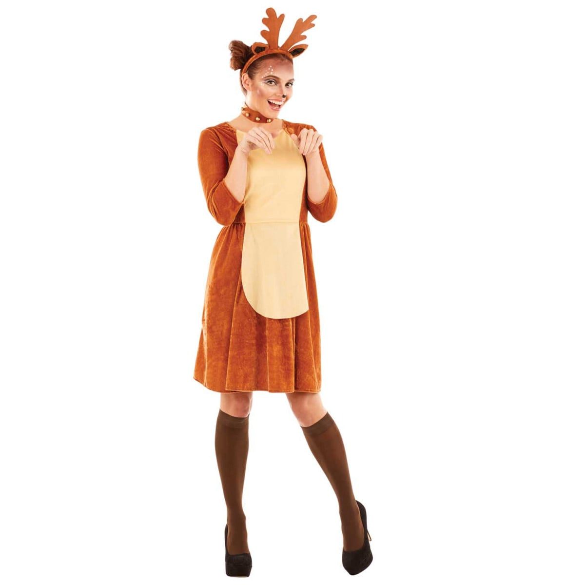 Womens Reindeer Costume: rust-brown velvet-look dress with three-quarter sleeves and a cream front panel, worn with a brown antler headband, a studded choker, knee-high socks, and reindeer face paint with a dark nose and white spots