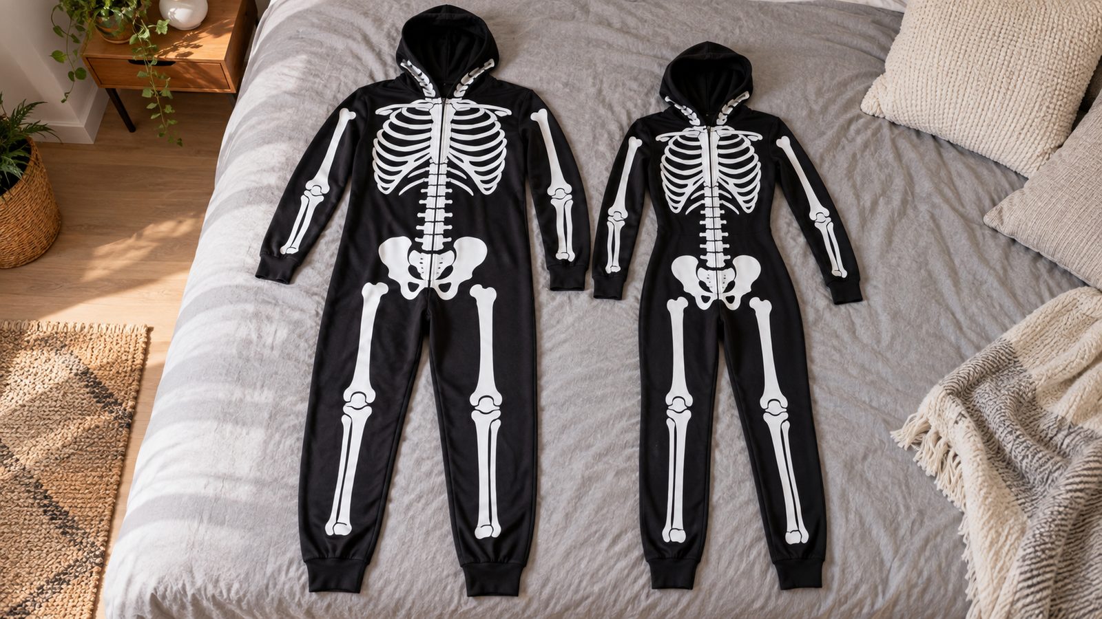 Matching his and hers skeleton print costumes laid out side by side in two different cuts and sizes