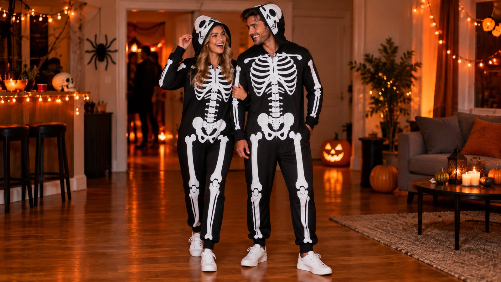 Couple in matching black skeleton bone print onesie costumes, one women's cut and one men's cut, with the hoods up