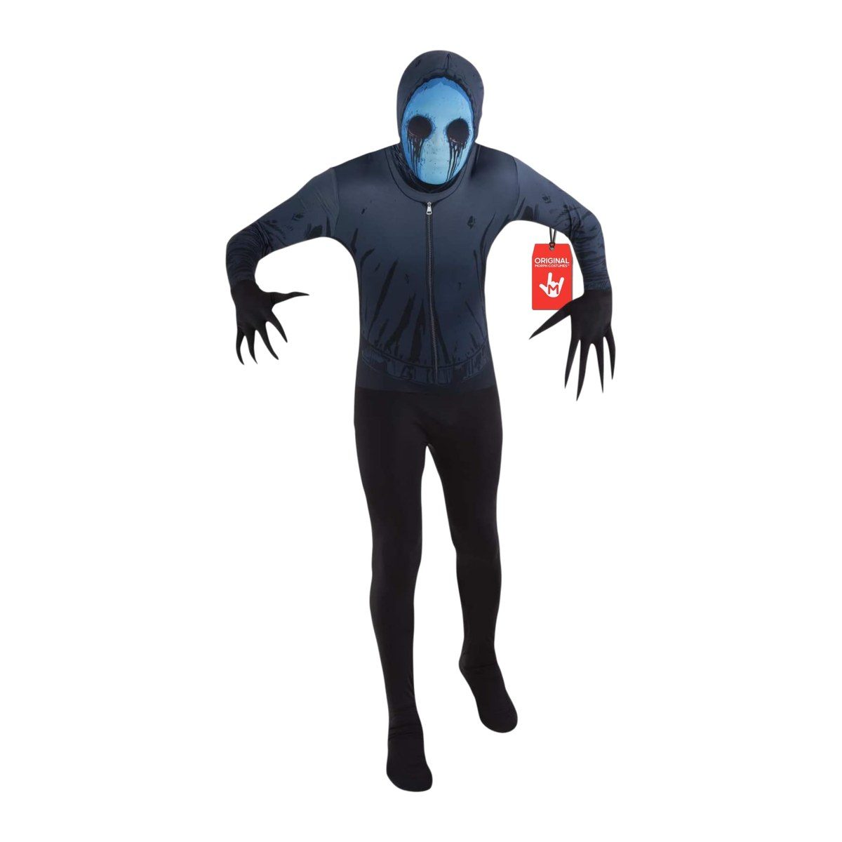 Kids Eyeless Jack Morphsuit, a dark navy hooded top with a printed pale-blue face, black hollow eye sockets, black drips, and black clawed hands