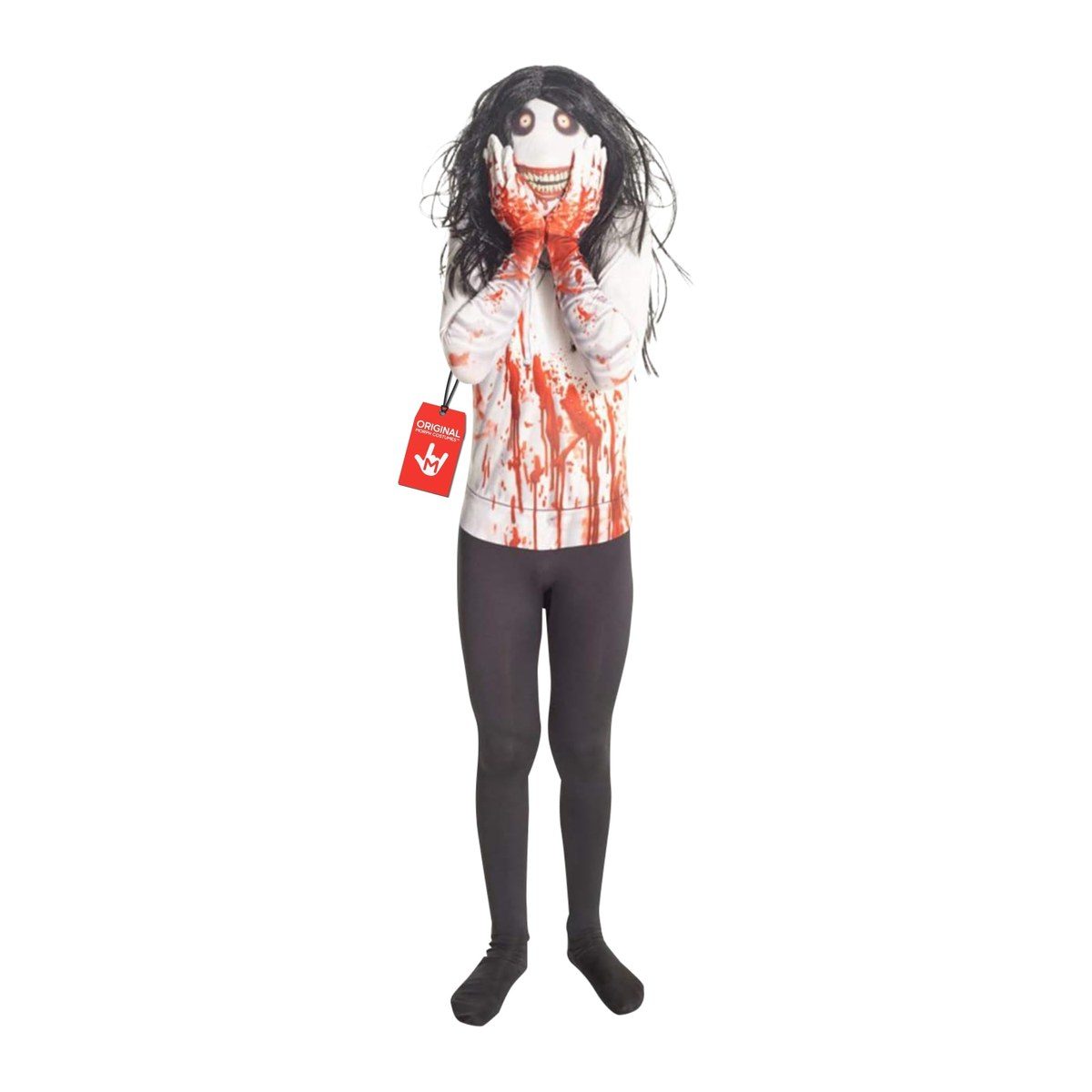 Kids Jeff the Killer Morphsuit, a white top heavy with printed red blood spatter, black leggings, an attached black wig and a printed pale face with dark-ringed eyes and a carved grin