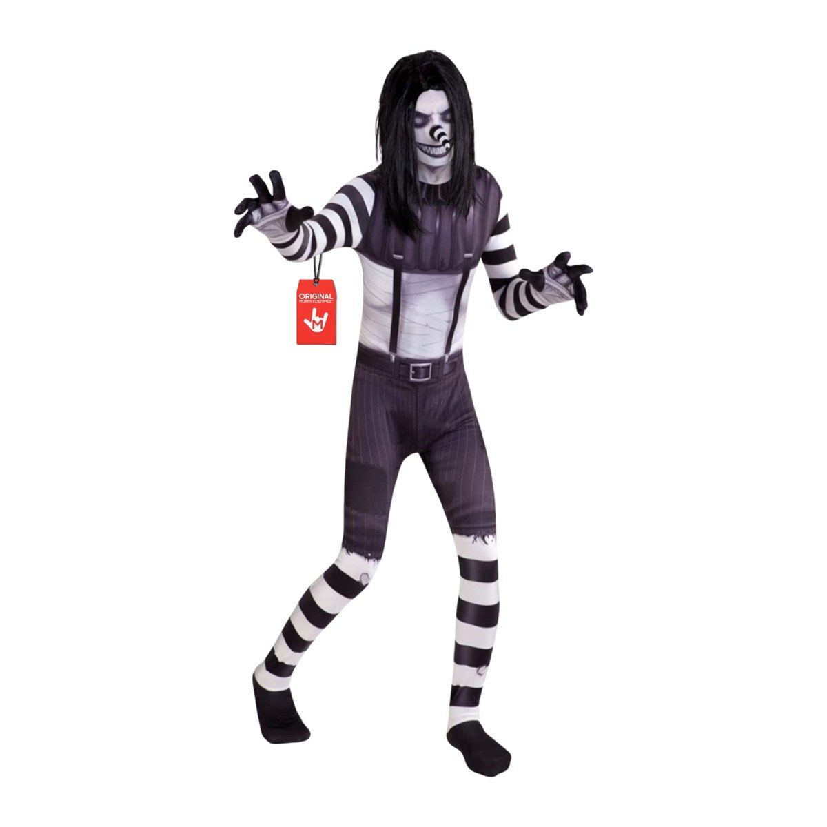 Laughing Jack Urban Legend Kids costume, black and white striped arms and legs over a pale bib-front top, a printed white clown face with black eye makeup and a wide grin, and an attached black wig