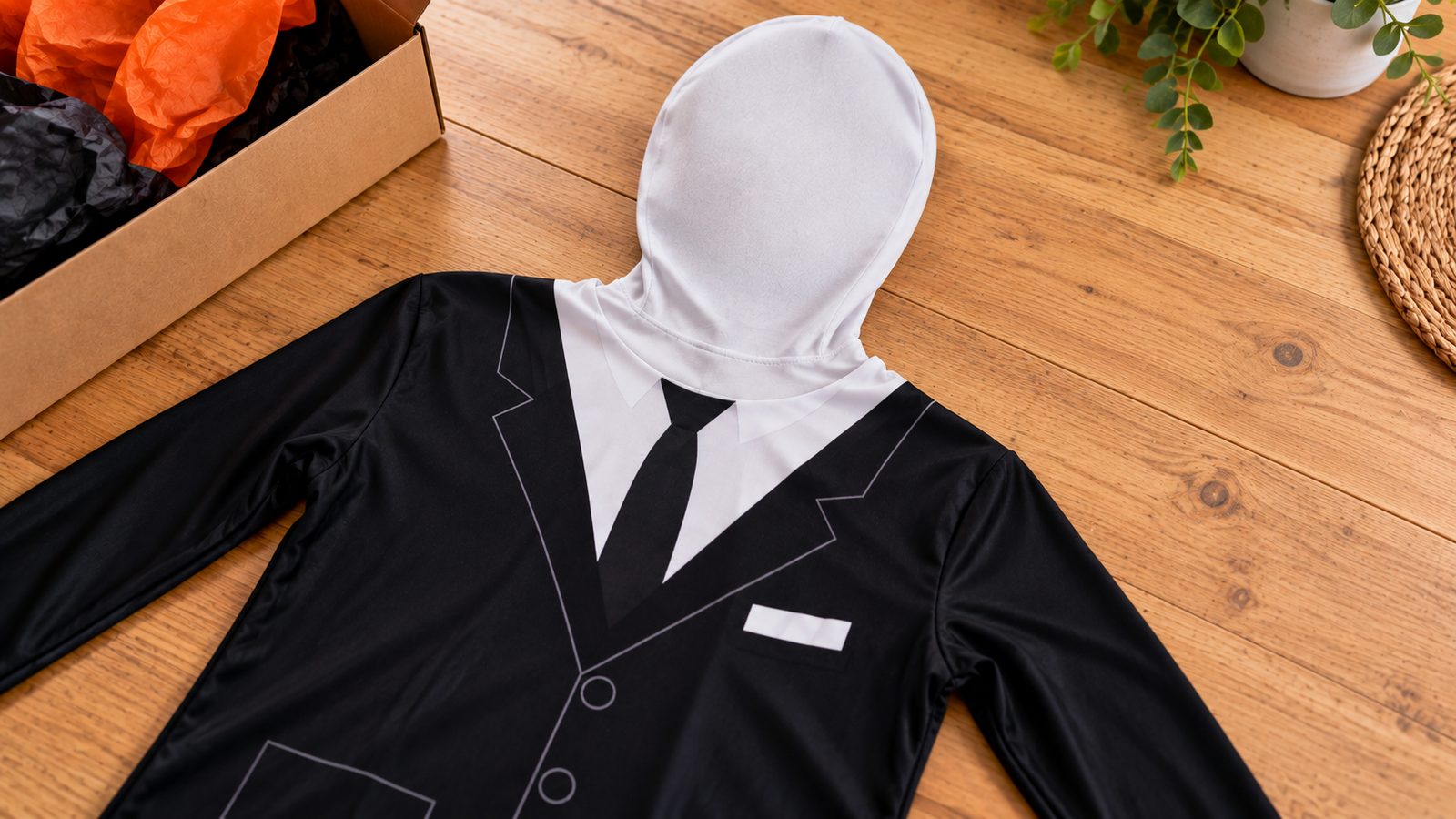 Close-up of a creepypasta Morphsuit's printed collar and tie detail laid flat beside a sealed, unused face paint pack