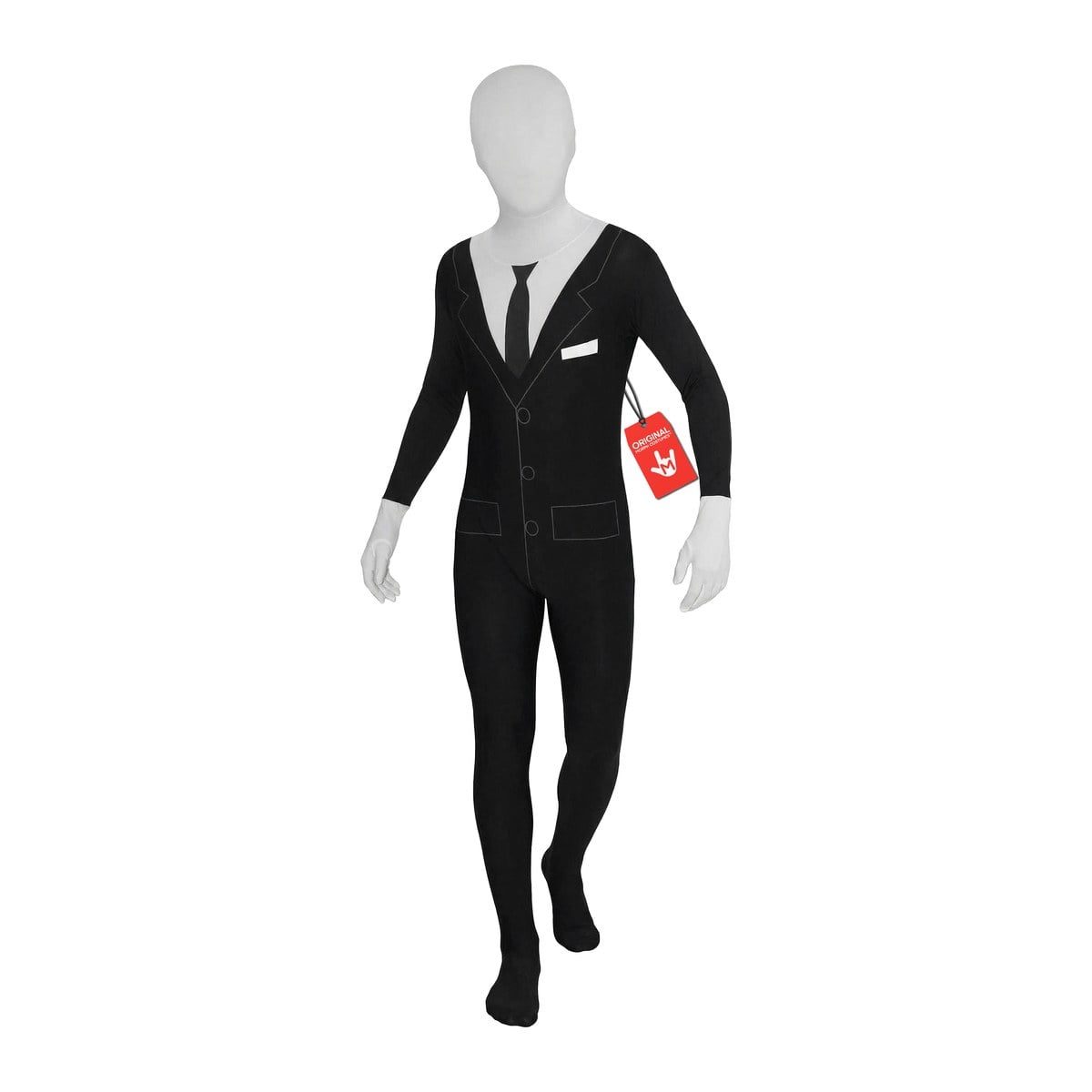 Kids Slenderman Morphsuit, a printed black suit jacket with white shirt collar and tie, and a plain featureless pale grey-white head and hands