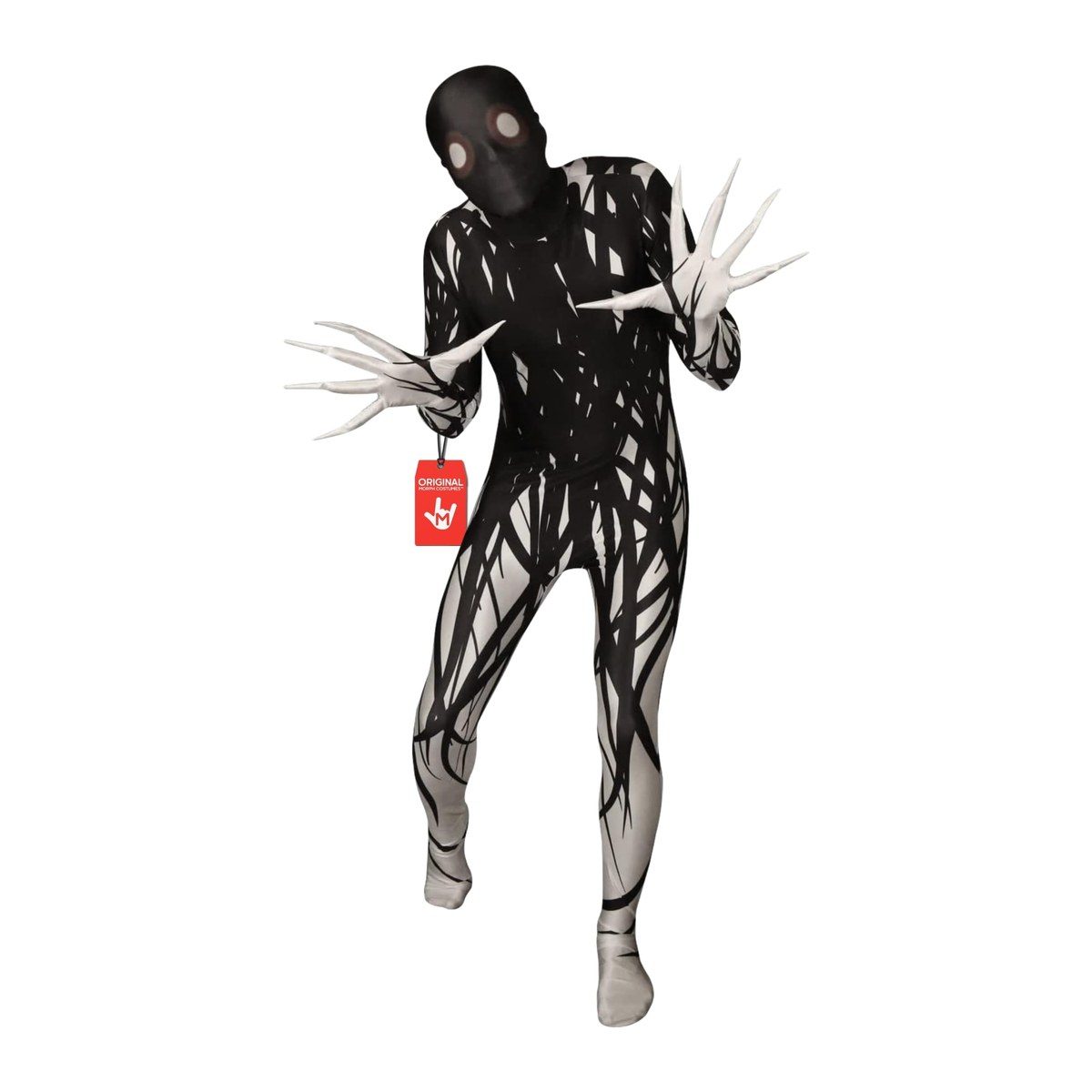 Zalgo Morphsuit, a black and white suit with white slashes and tendrils on the black torso, black root-like tendrils down the white legs, a black hood with two hollow white eye circles, and long white clawed fingers