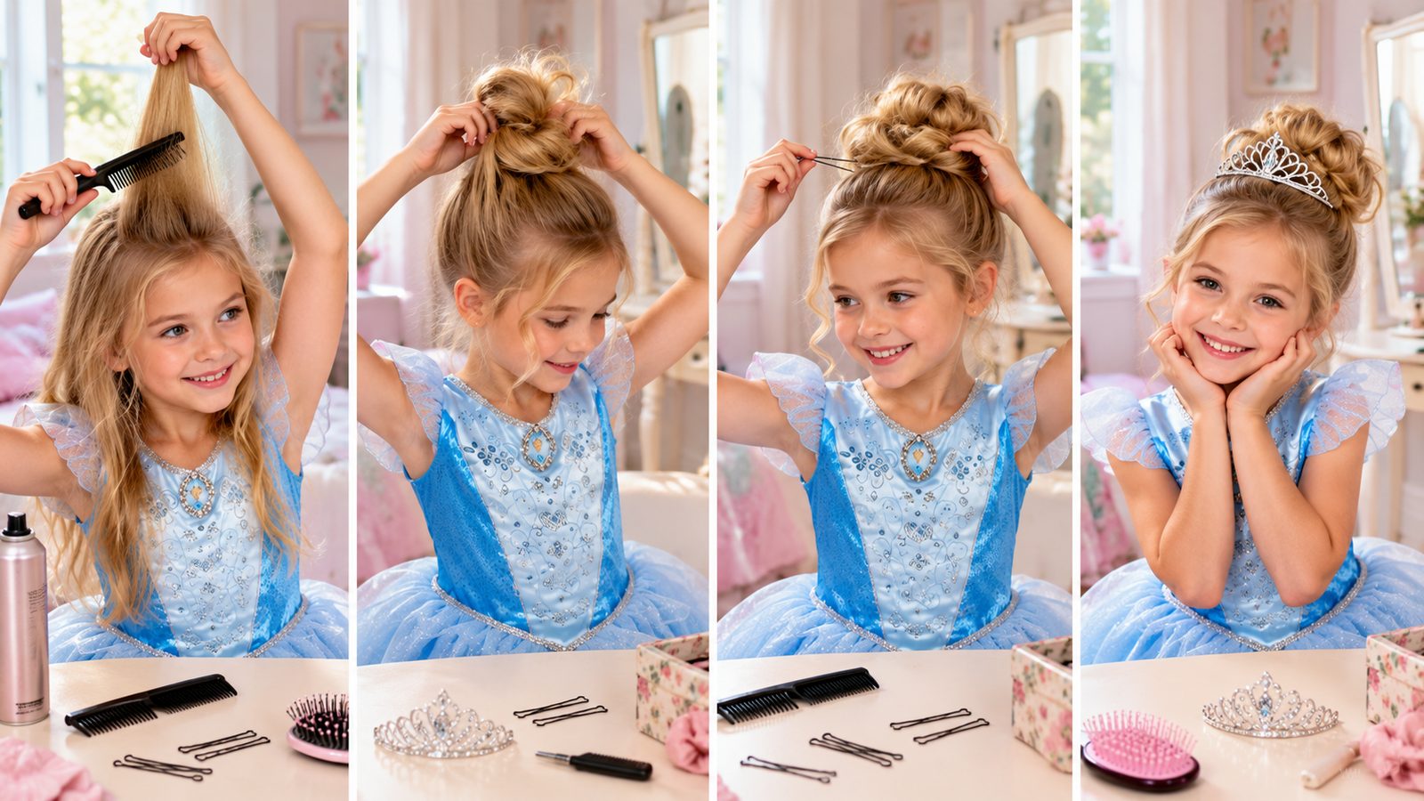 Four-step sequence of a girl in a Disney Cinderella costume having her hair styled into an updo, finished with a tiara