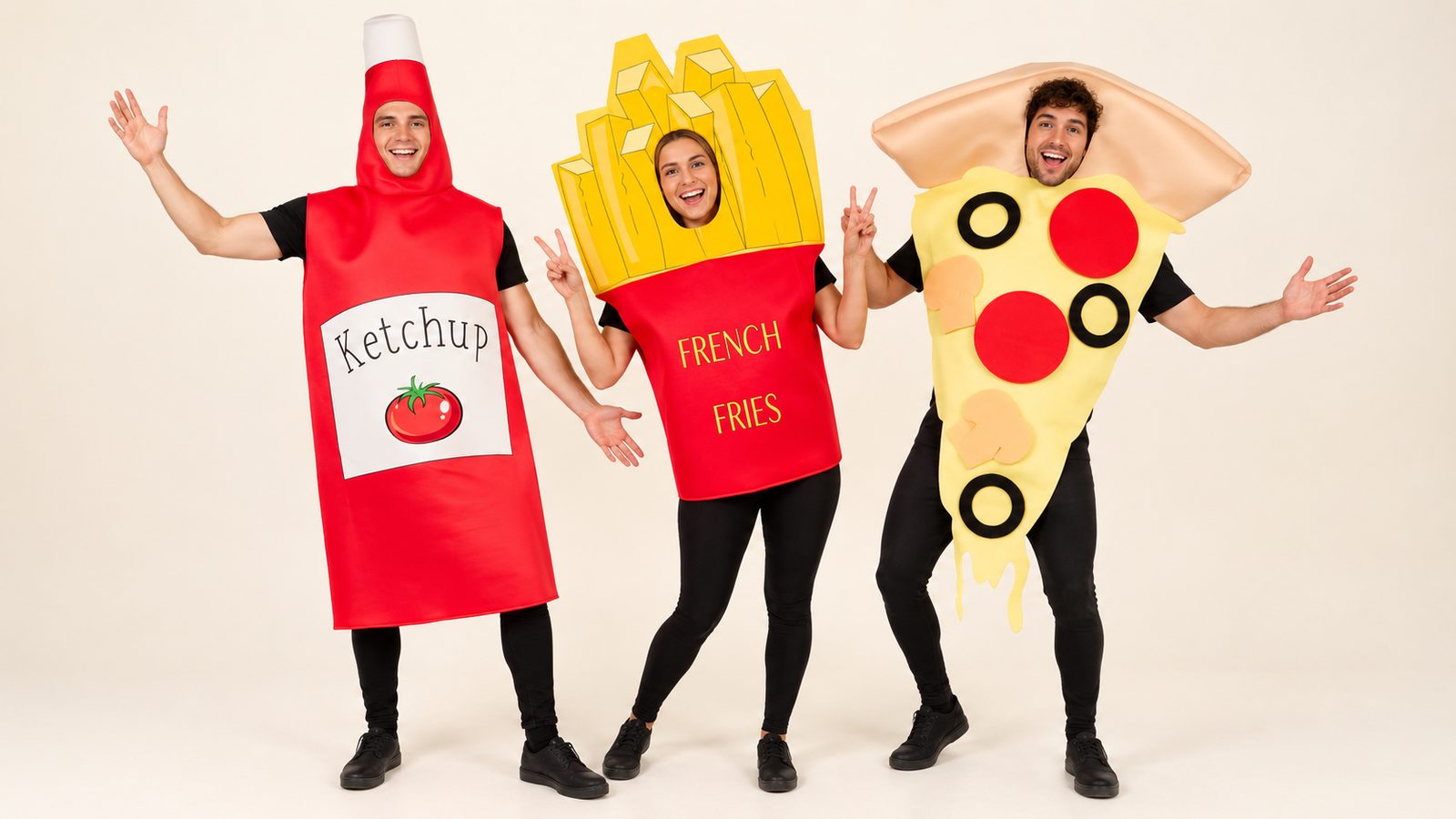 Three friends dressed as a ketchup bottle, a carton of French fries and a slice of pizza in matching fast-food costumes