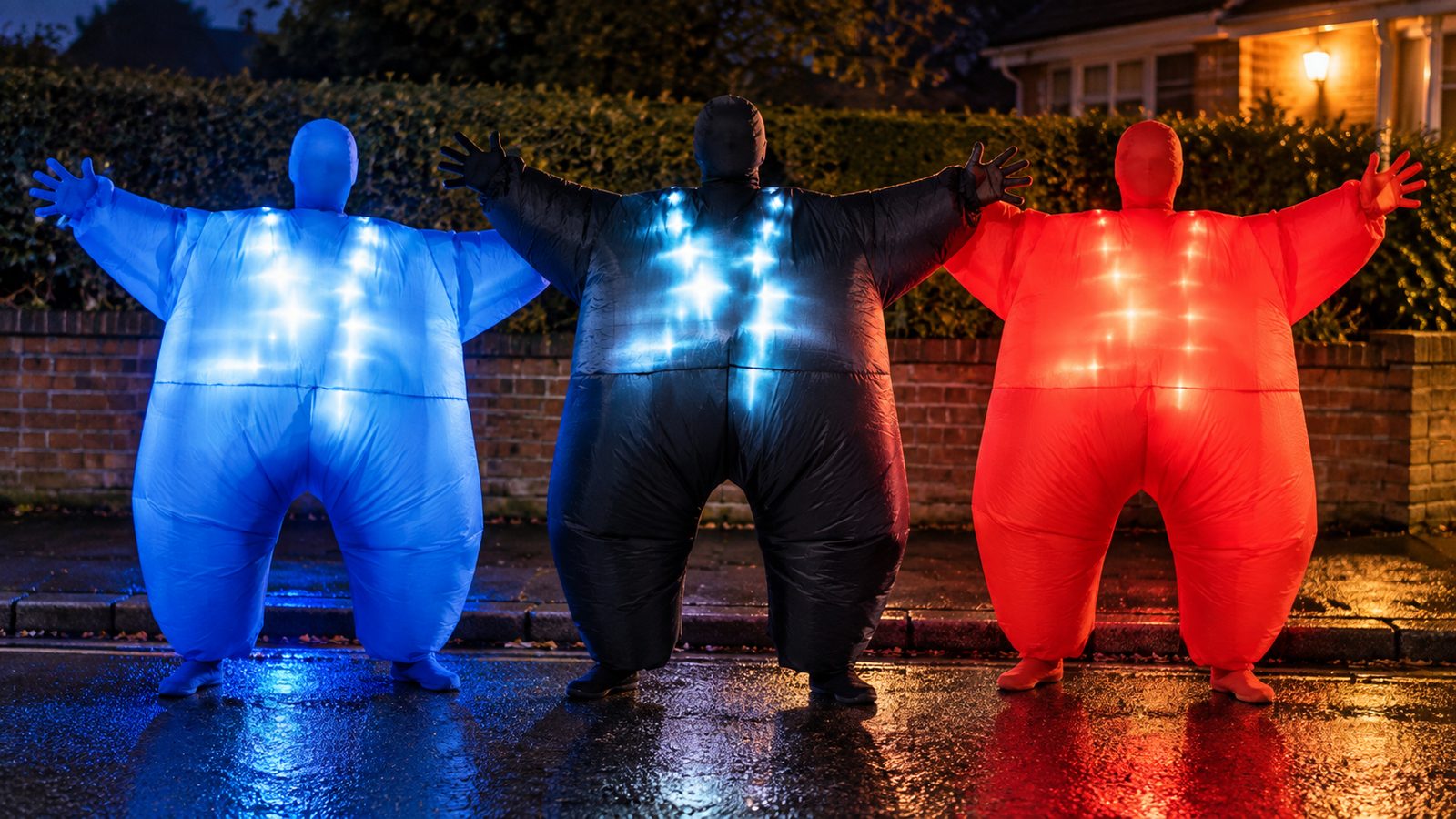 Three friends in blue, black and red light-up inflatable Megamorph costumes glowing on a dark street at night