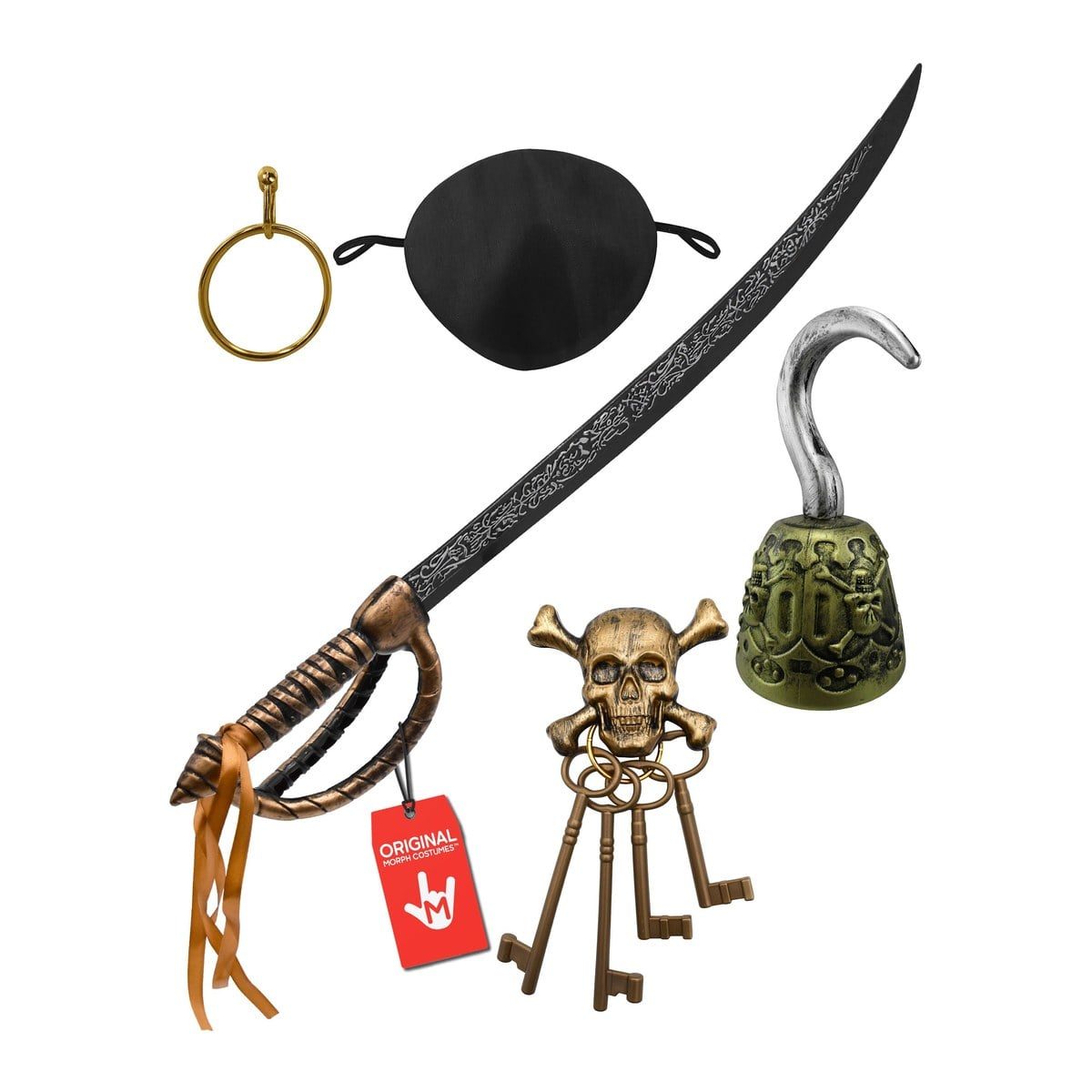 Adult Pirate Costume Accessory Set from MorphCostumes with a cutlass-style sword, hook, eye patch, earring and pirate keys