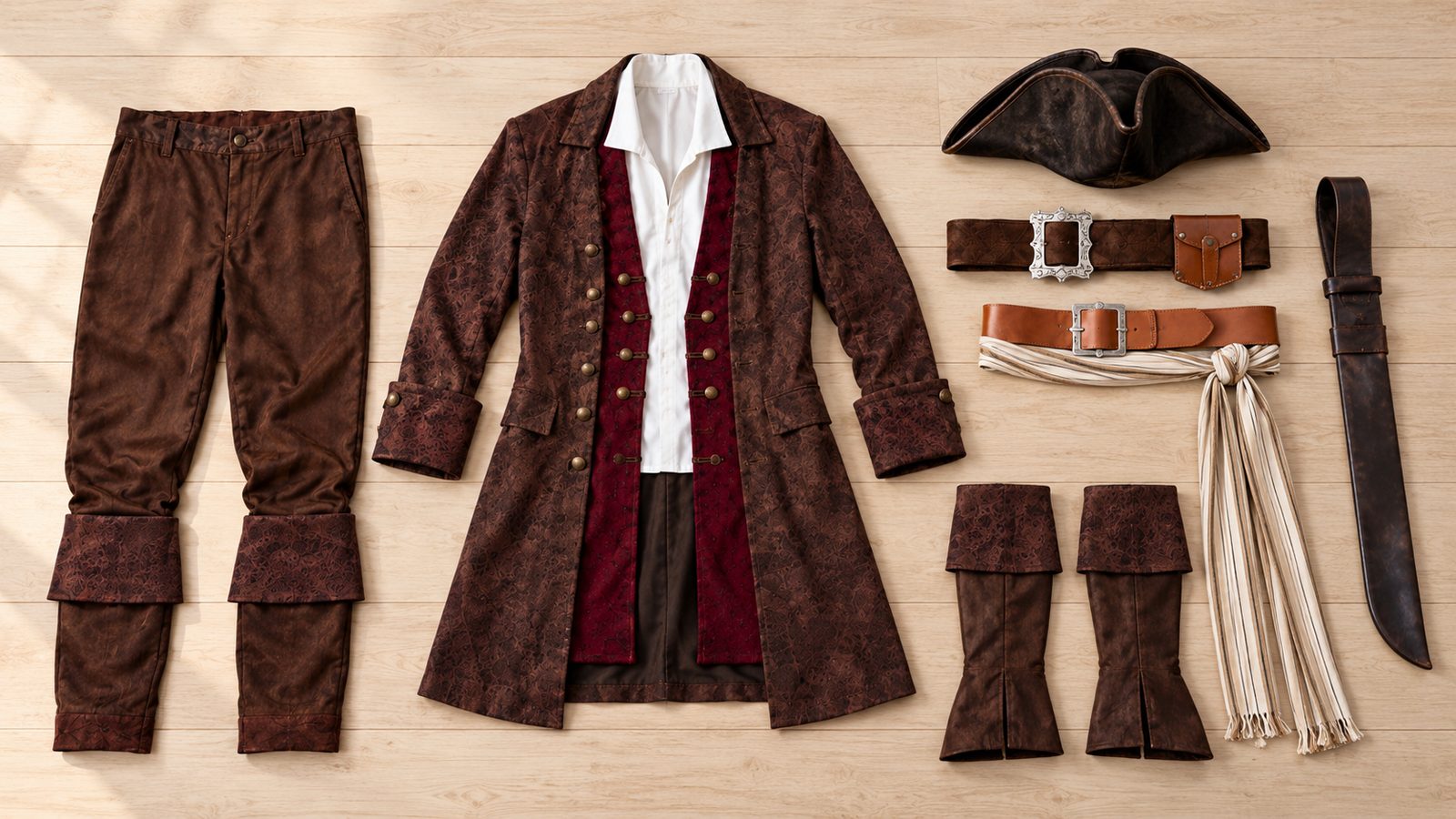 Flat lay of a men's pirate captain costume with a brown coat, waistcoat, trousers, boot covers, belts, scarf, scabbard and a plain black tricorn hat