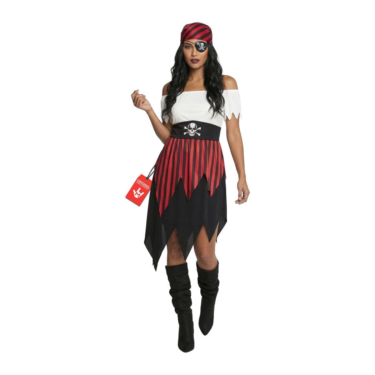Women's Pirate Deckhand Costume from MorphCostumes, an off-the-shoulder striped dress with a red and black bandana and skull-print eye patch