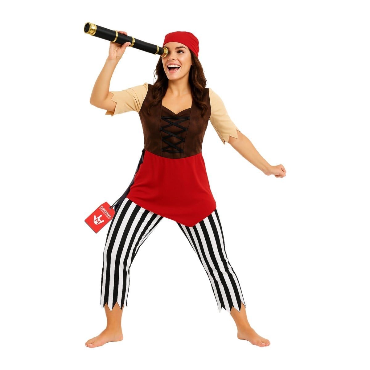 Women's First Mate Pirate Costume from MorphCostumes with a tunic and attached brown waistcoat, striped trousers and a red bandana