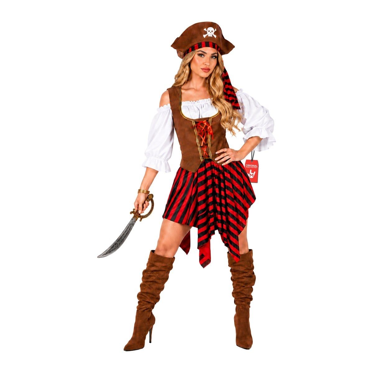 Pirate Costume For Women Red and Black from MorphCostumes with red and black striped skirt, white corset-overlay top and a brown skull-and-crossbones pirate hat