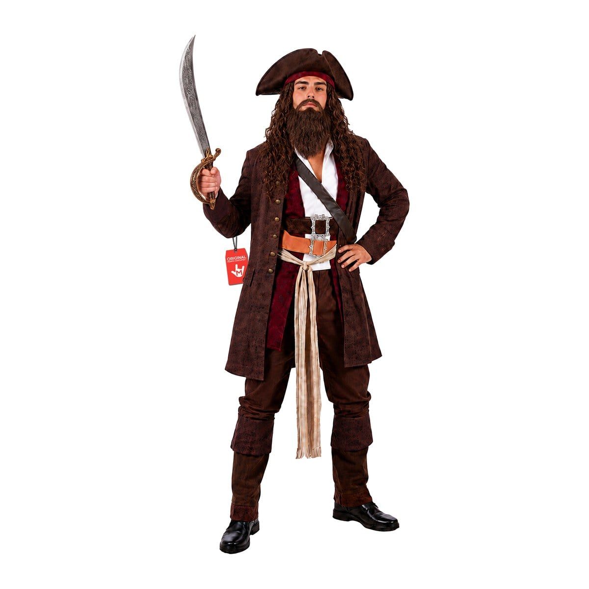 Men's Rum Smuggler Pirate Costume from MorphCostumes with a weathered brown coat, burgundy waistcoat, striped sash and a tricorn hat