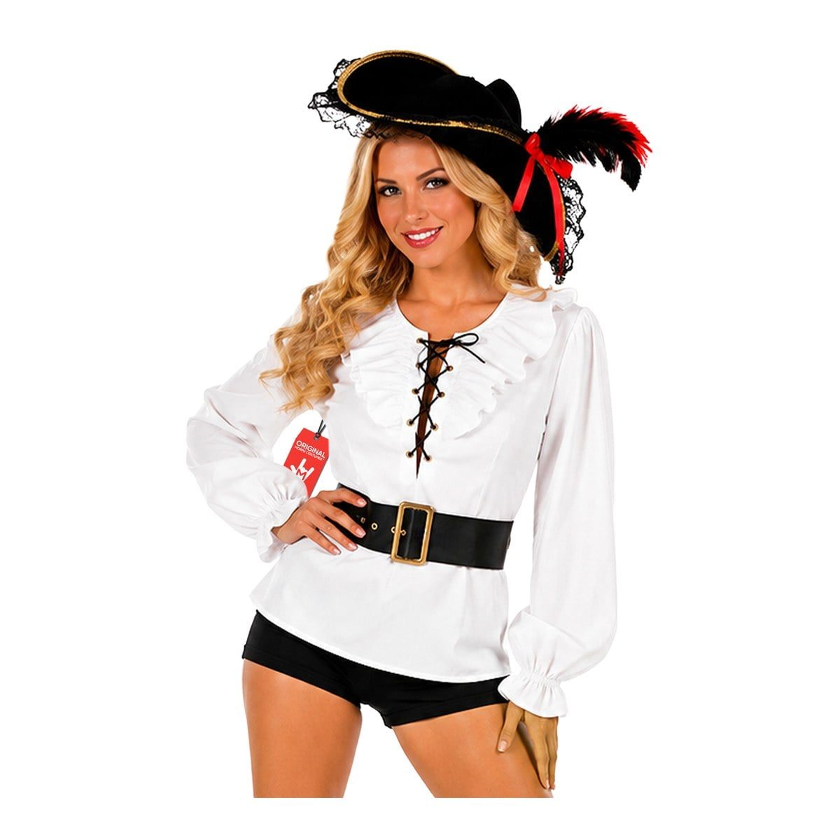 White Pirate Shirt from MorphCostumes, a lace-up ruffle-front shirt with a matching belt