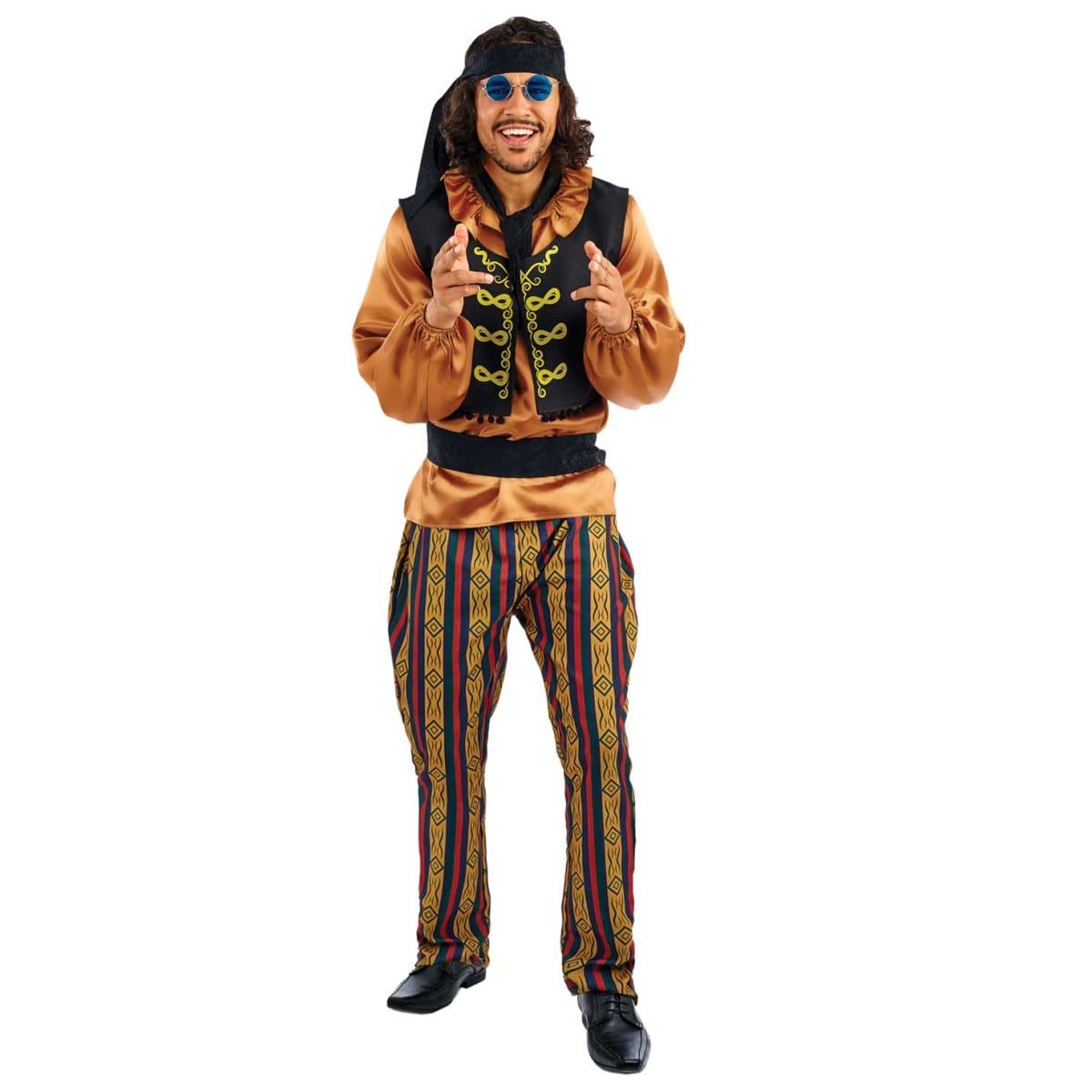 Man wearing a brown top, black waistcoat, colourful striped trousers, a headscarf and a neck scarf, a 60s rock star costume