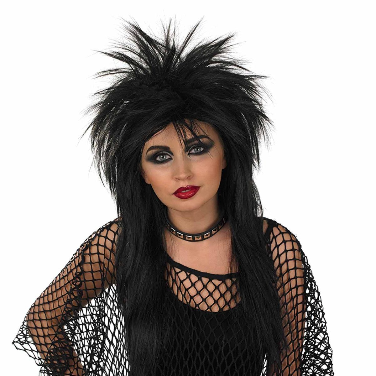 Long, voluminous black wig styled for a glam rock costume