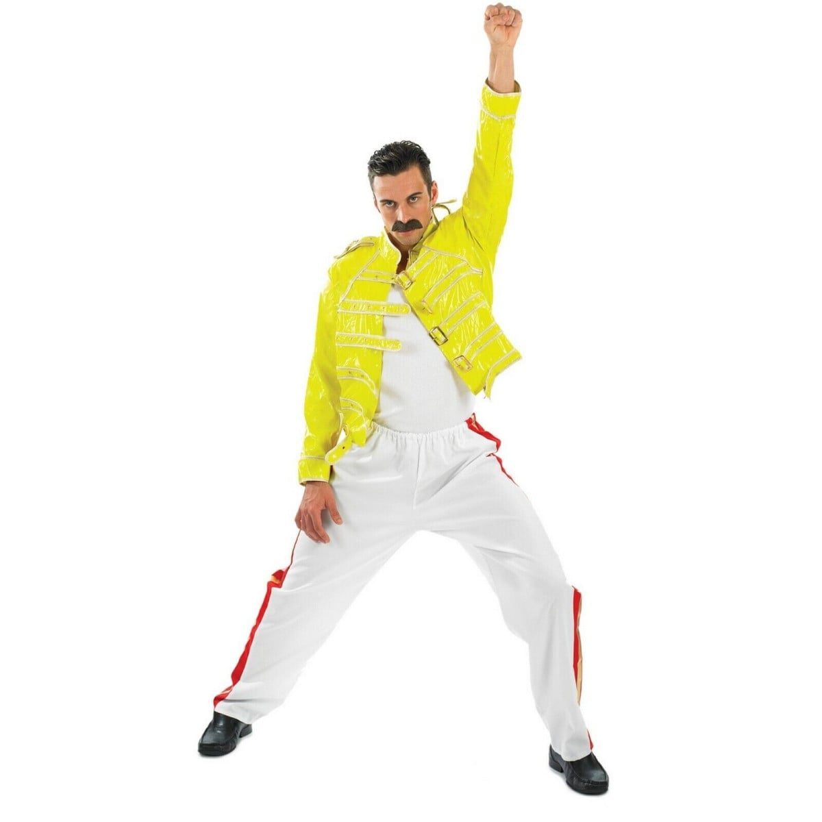 Man wearing a bright yellow multi-buckle jacket and white trousers with a bold red side stripe, an 80s glam rock costume