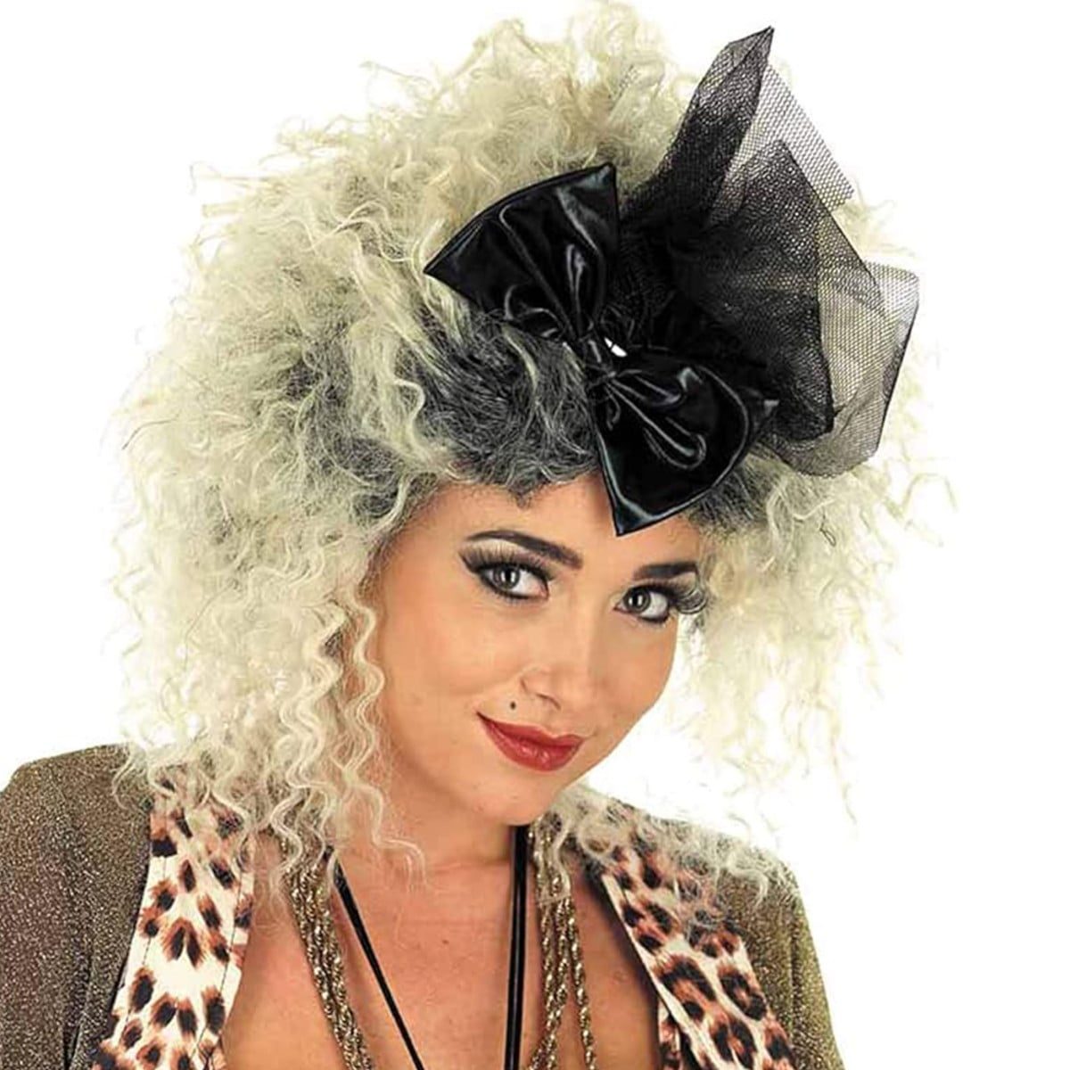 Big blonde curly perm wig with an oversized bow detail at the crown, styled for a pop star costume