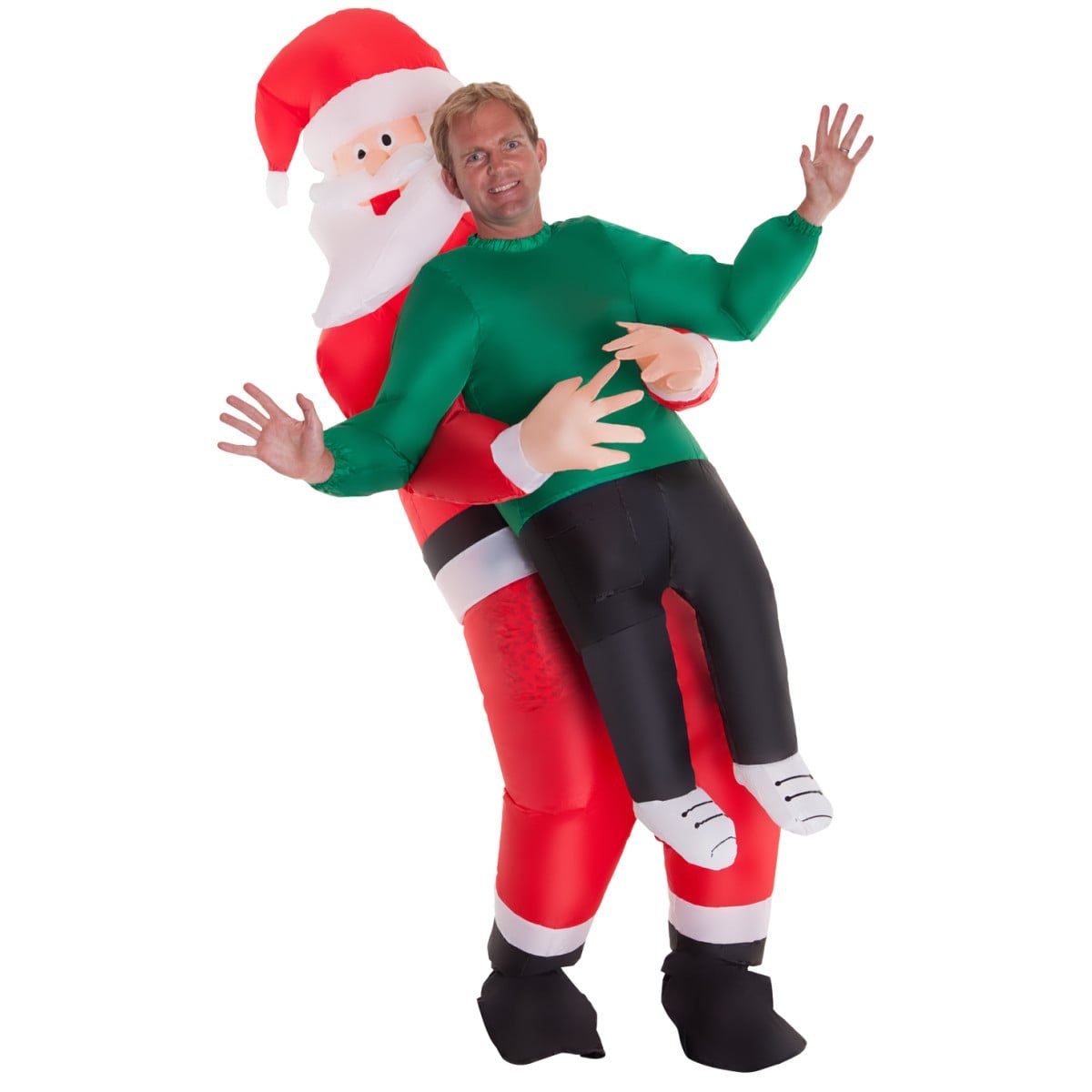 Inflatable Santa Costume Giant Pick Me Up: a red and white inflatable Santa figure with a full white beard and Santa hat, arranged so the wearer appears carried piggyback-style, black shoe covers on the illusion legs
