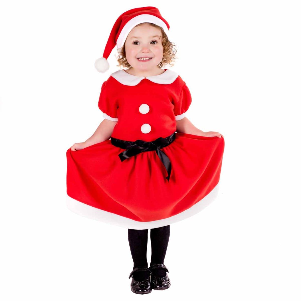 Kids Miss Santa Dress Costume: red fleece dress with a white Peter Pan collar, two white pom-pom buttons, a black ribbon belt, white fur-trimmed hem, and a matching red and white Santa hat with a pom-pom