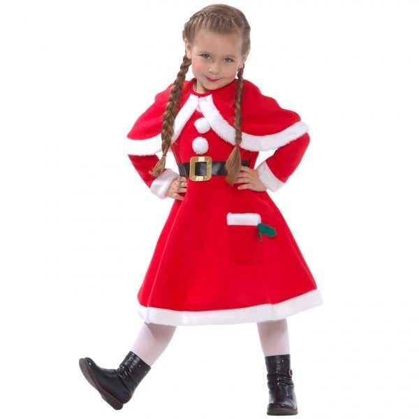 Kids Miss Santa's Helper Costume: red dress with a white fur-trimmed cape and collar, two white pom-pom buttons, a black belt with a gold-effect buckle, and a small front pocket