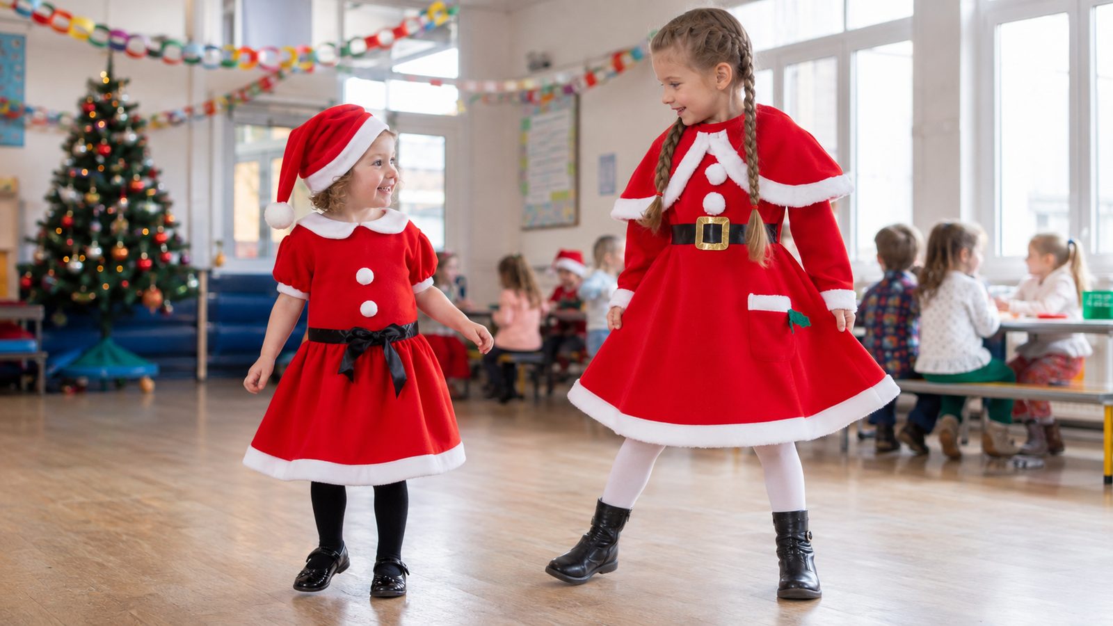Children in Santa and Mrs Santa costumes at a daytime school Christmas party, paper chains and a decorated tree visible in the school hall behind them