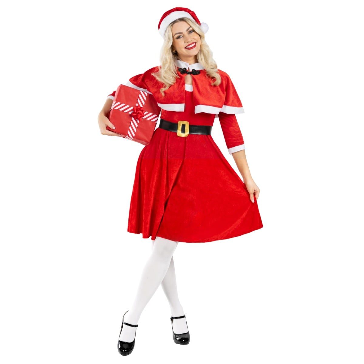 Womens Santa Costume: red velvet-look A-line dress with white fur-trimmed cuffs and hem, a red cape with white fur trim and a black bow clasp, a black belt with a gold buckle, and a matching red and white Santa hat
