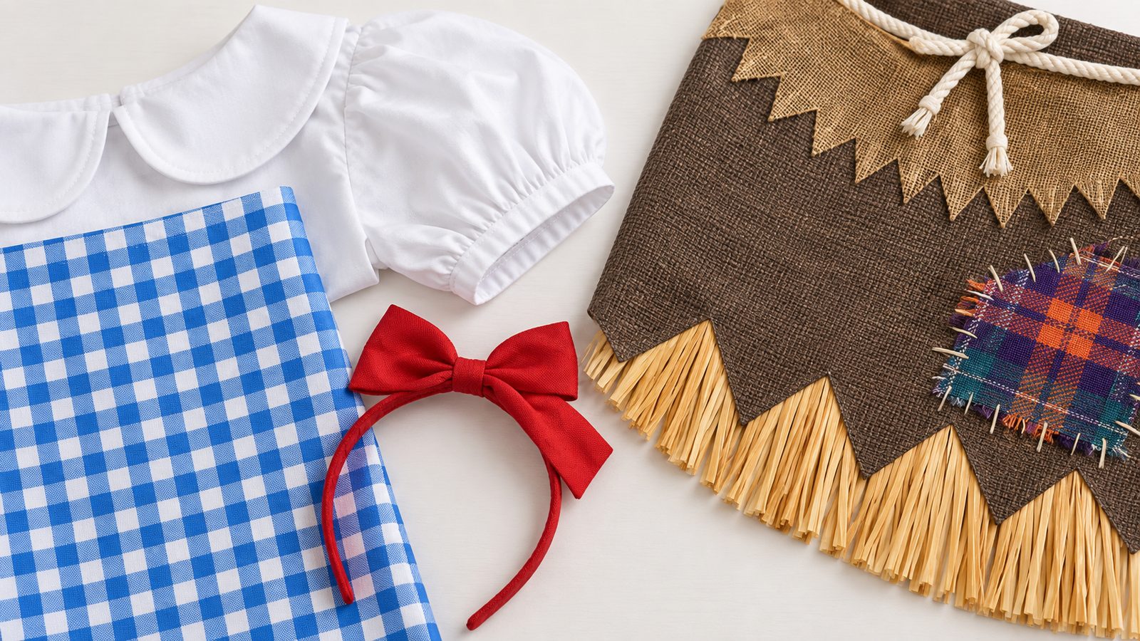 Close-up flat lay of blue and white gingham fabric, a white blouse cuff and a red headband, next to a brown patchwork scarecrow fabric swatch
