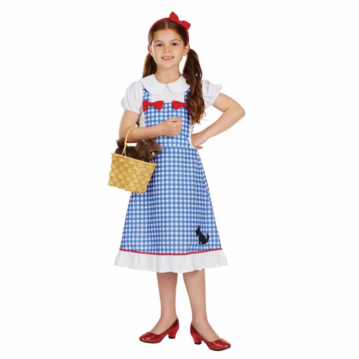 Kids Dorothy Dress Costume: blue and white gingham pinafore dress with white blouse styling, red bow trim and a red headband, worn with pigtails and a wicker basket