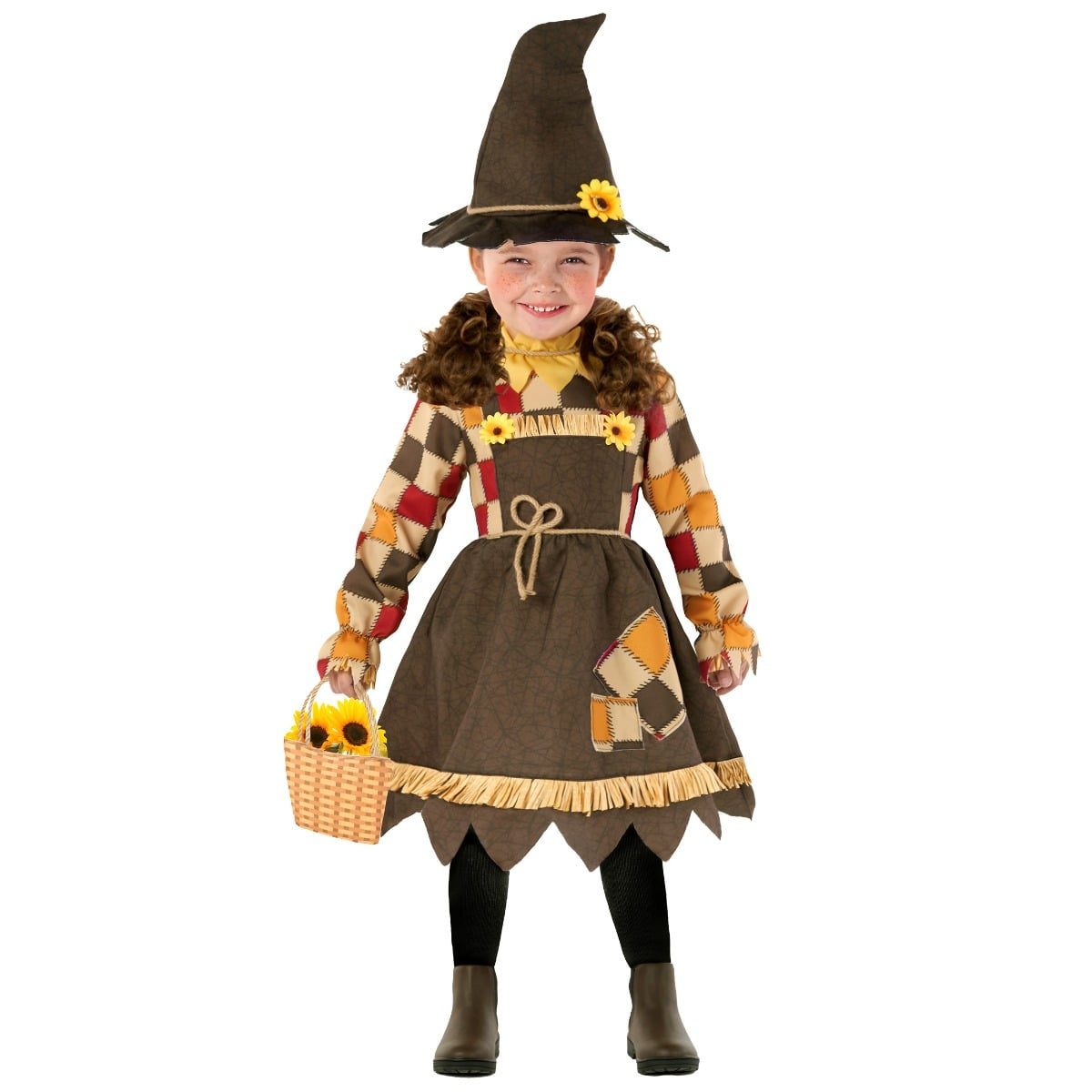 Kids Sunflower Scarecrow Toddler Costume: check-printed dungaree dress with sunflower button trims and a matching scarecrow hat with a sunflower trim, carrying a woven straw bag