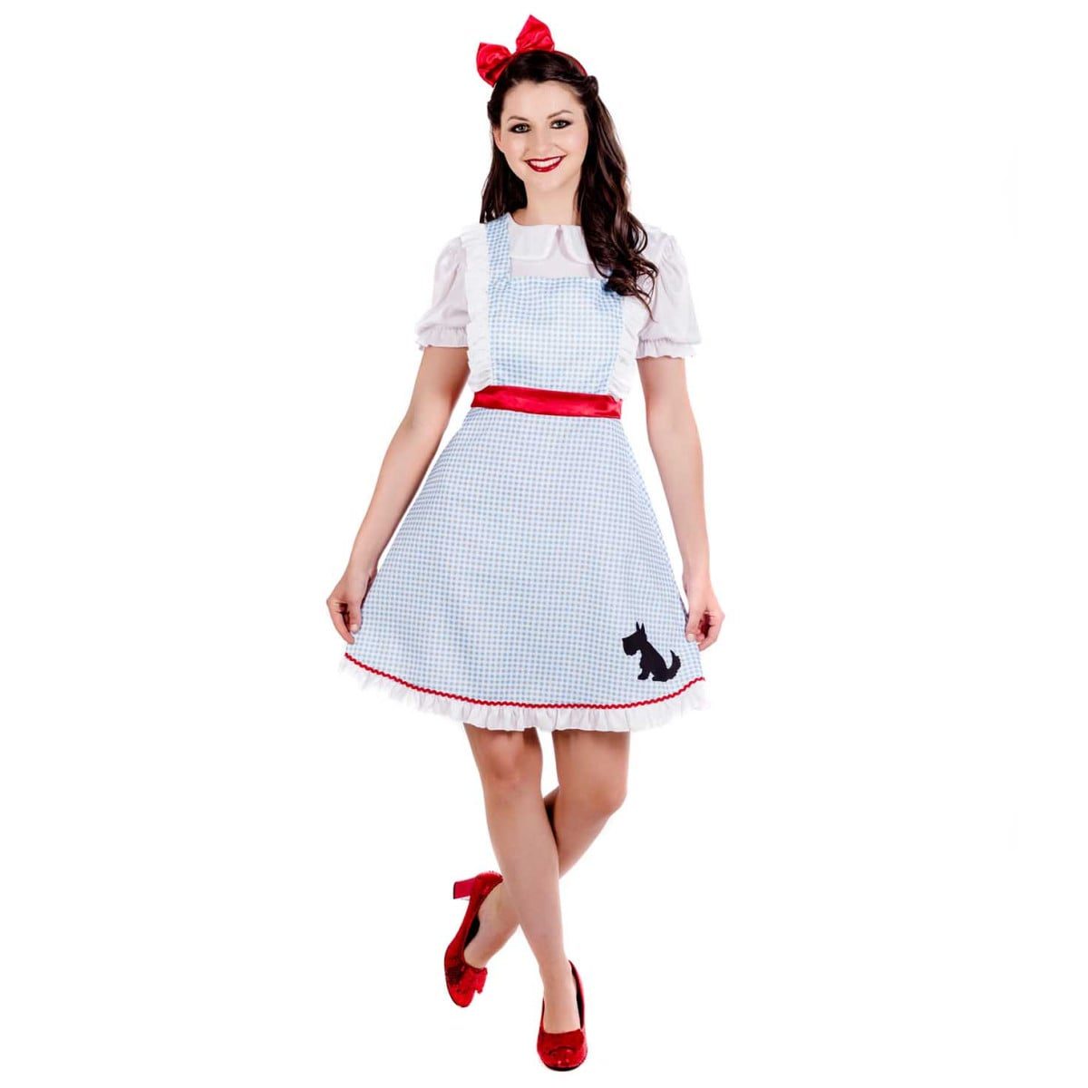 Womens Dorothy Dress Costume: blue and white gingham dress with a red satin waist ribbon and a red bow headband
