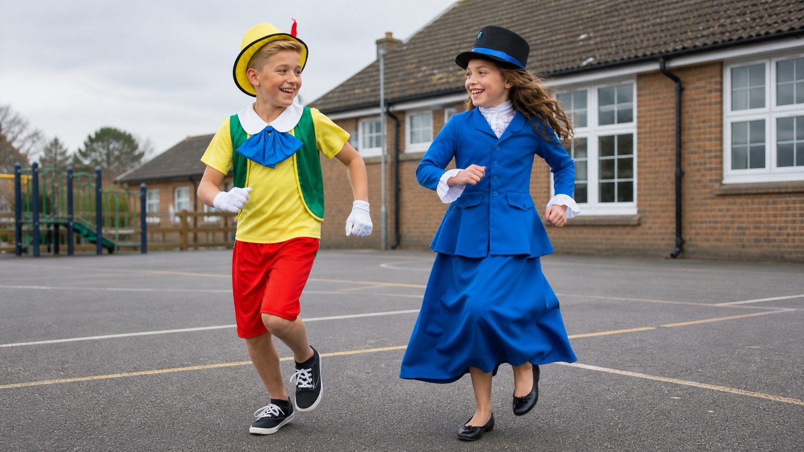 Children in storybook World Book Day costumes playing together at school break time