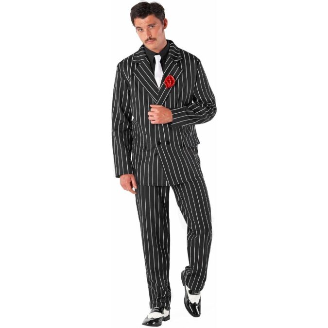 A black pinstripe jacket with a red flower on the lapel, matching trousers and a white tie, a mens 1920s gangster World Book Day costume