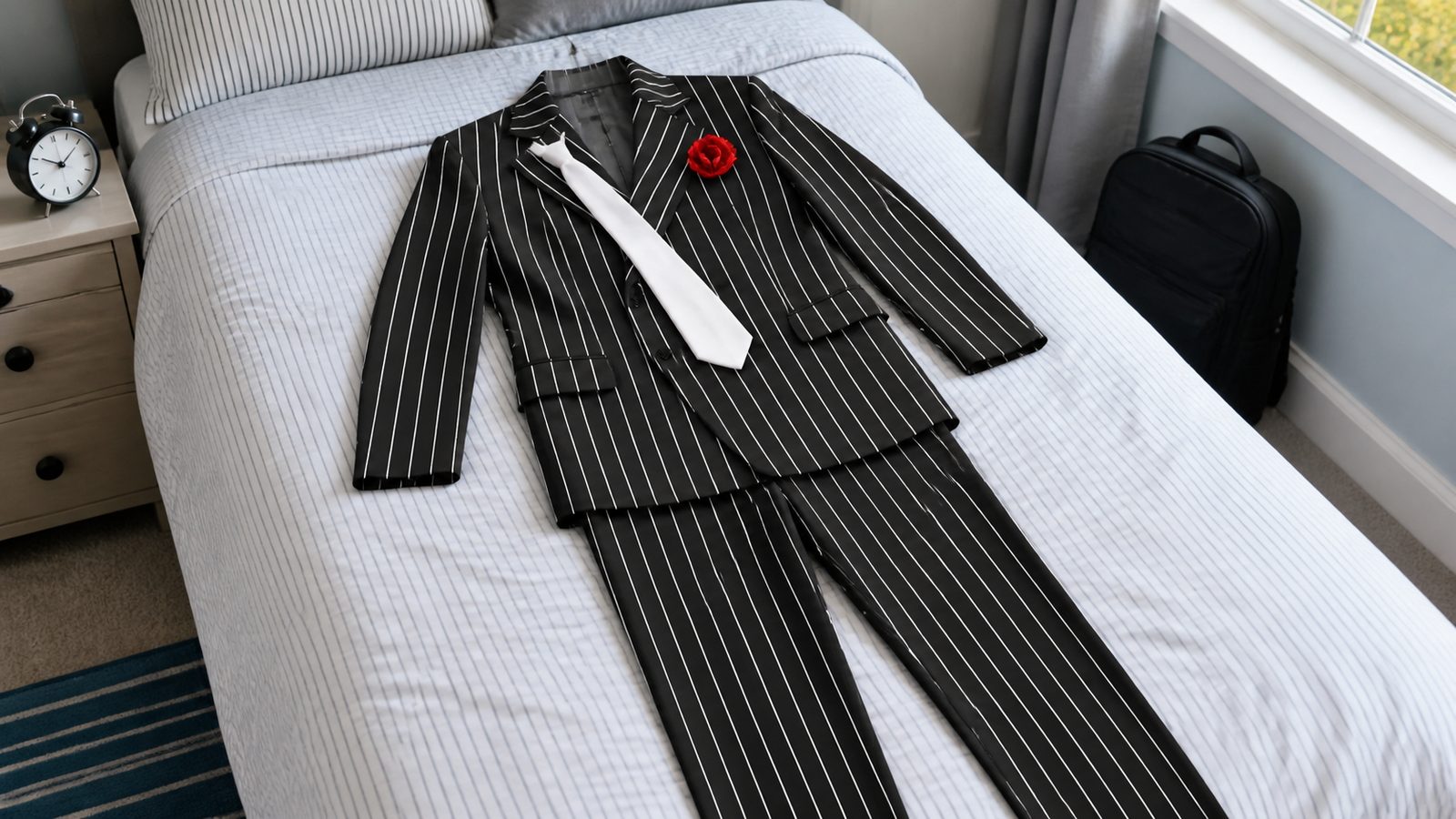 A pinstripe jacket with a red lapel flower, matching trousers and a white tie laid out ready on a bed, next to a school bag and an alarm clock showing early morning